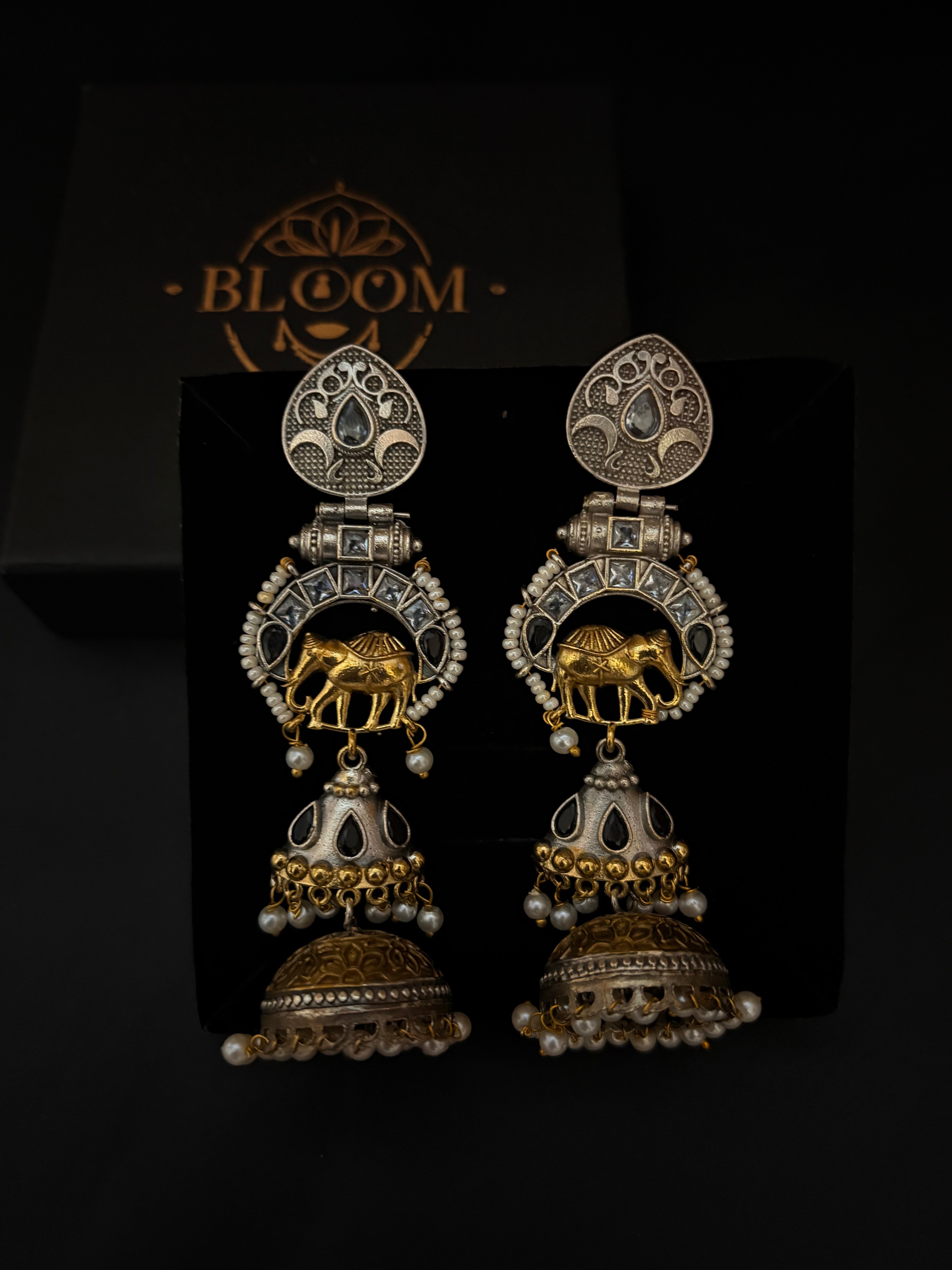 Dual-Tone Oxidized Silver Jhumkas with Gold Plated Elephant Motif