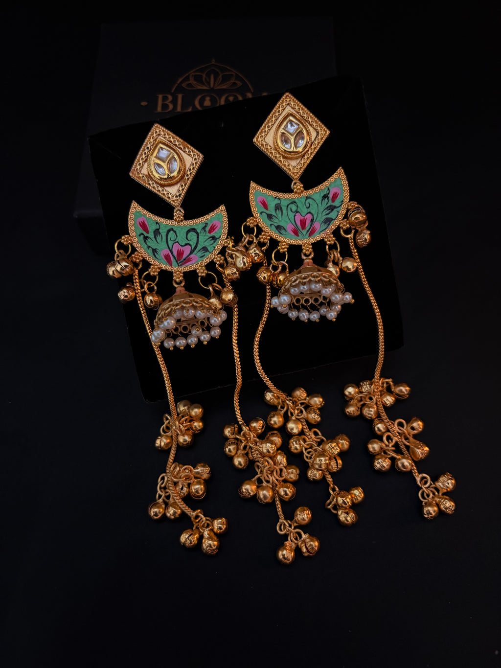 Ethnic Pink & Gold Jhumkas with Long Ghungroo Chain Tassels