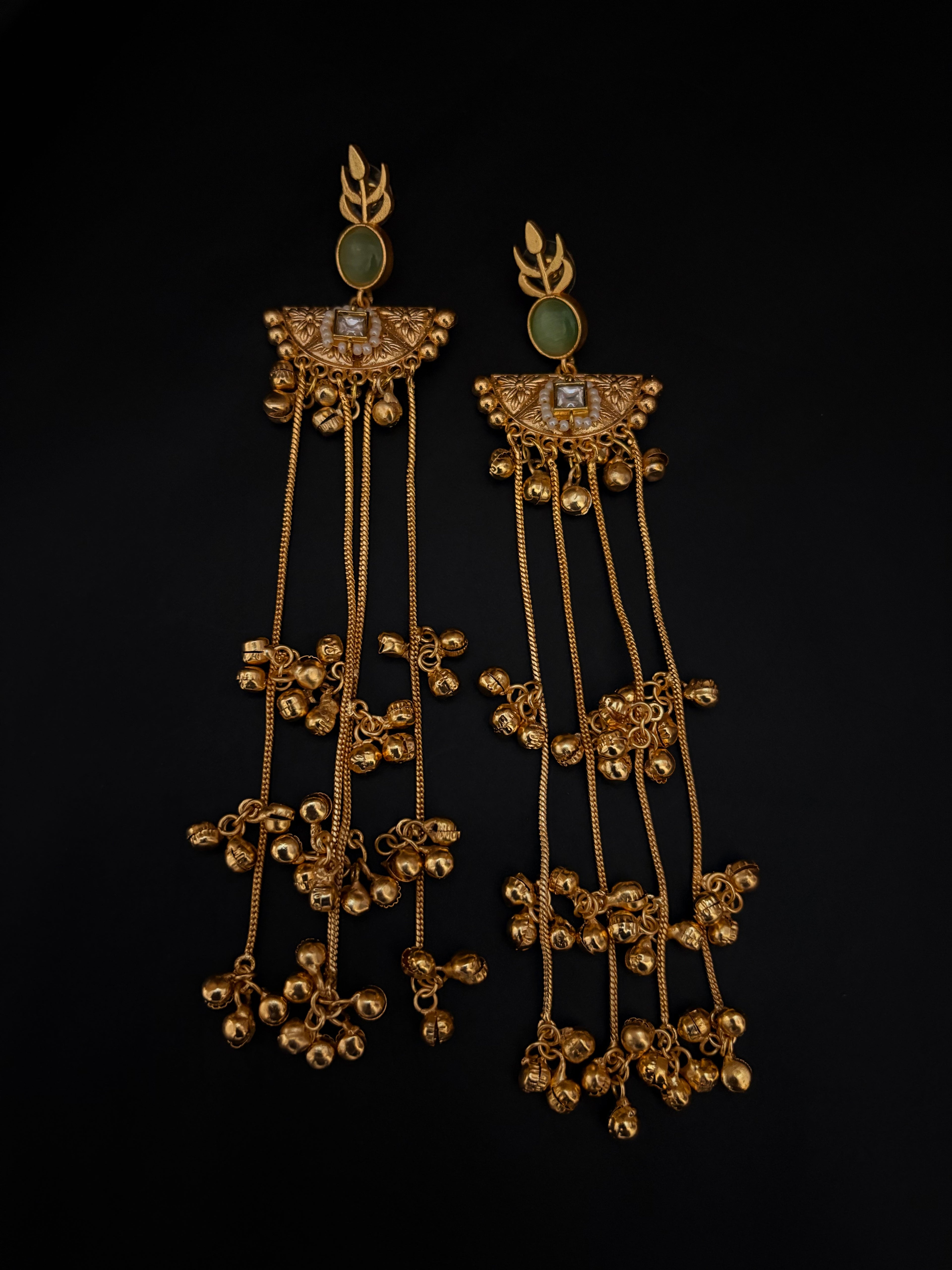 Handcrafted Sage Green & Gold Long Chain Tassel Earrings