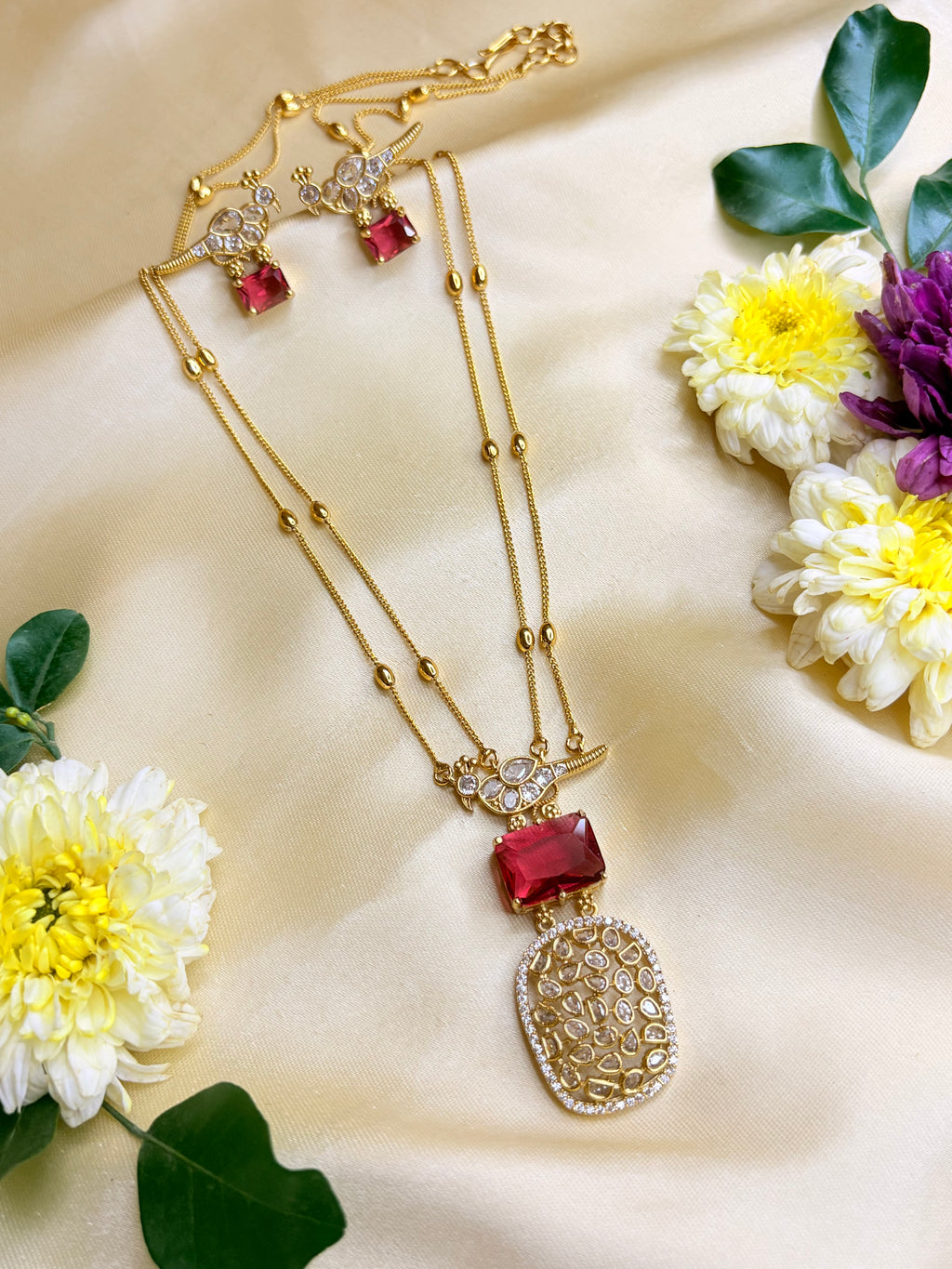 Stone Studded Long Double Chain Jewelry Set