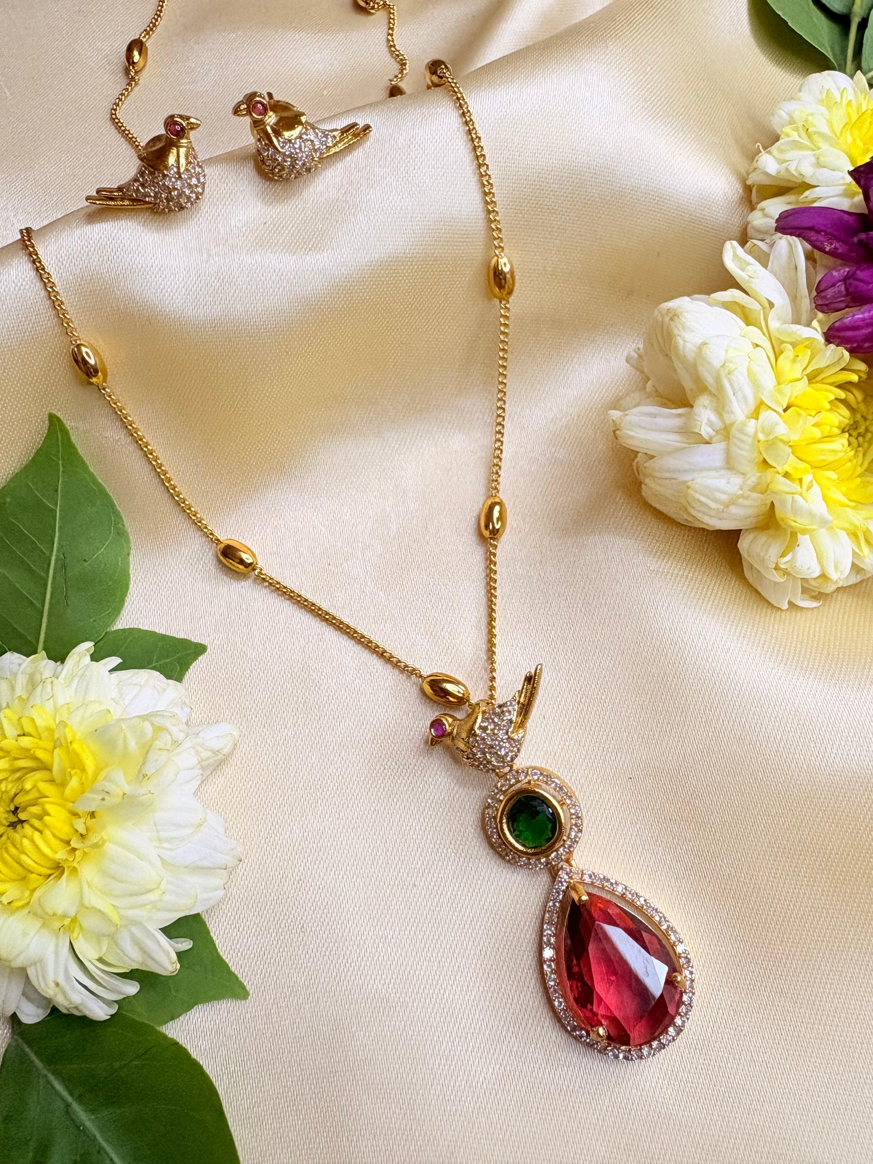 Long Chain Pendant Necklace with Bird Earrings