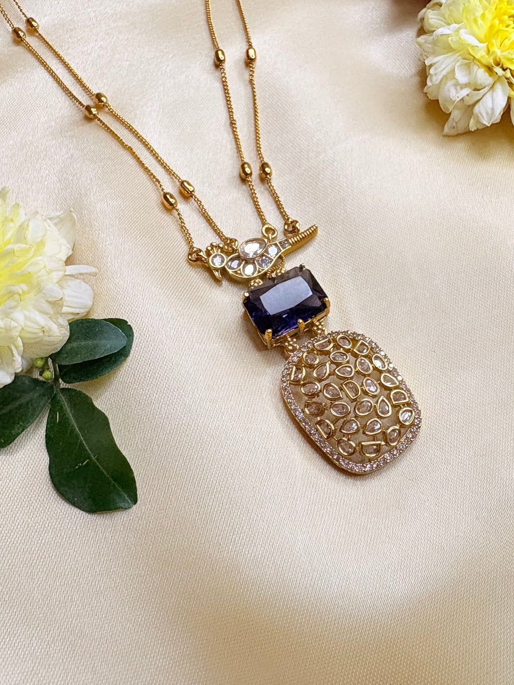 Stone Studded Long Double Chain Jewelry Set