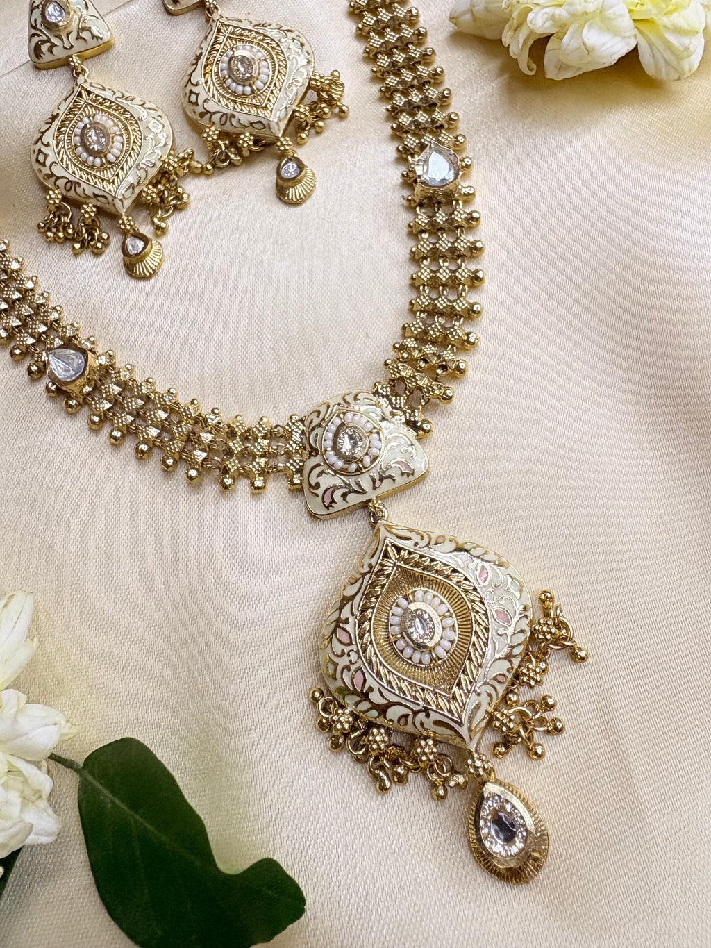 Handcrafted White Meenakari & Kundan Stone Jewelry Set