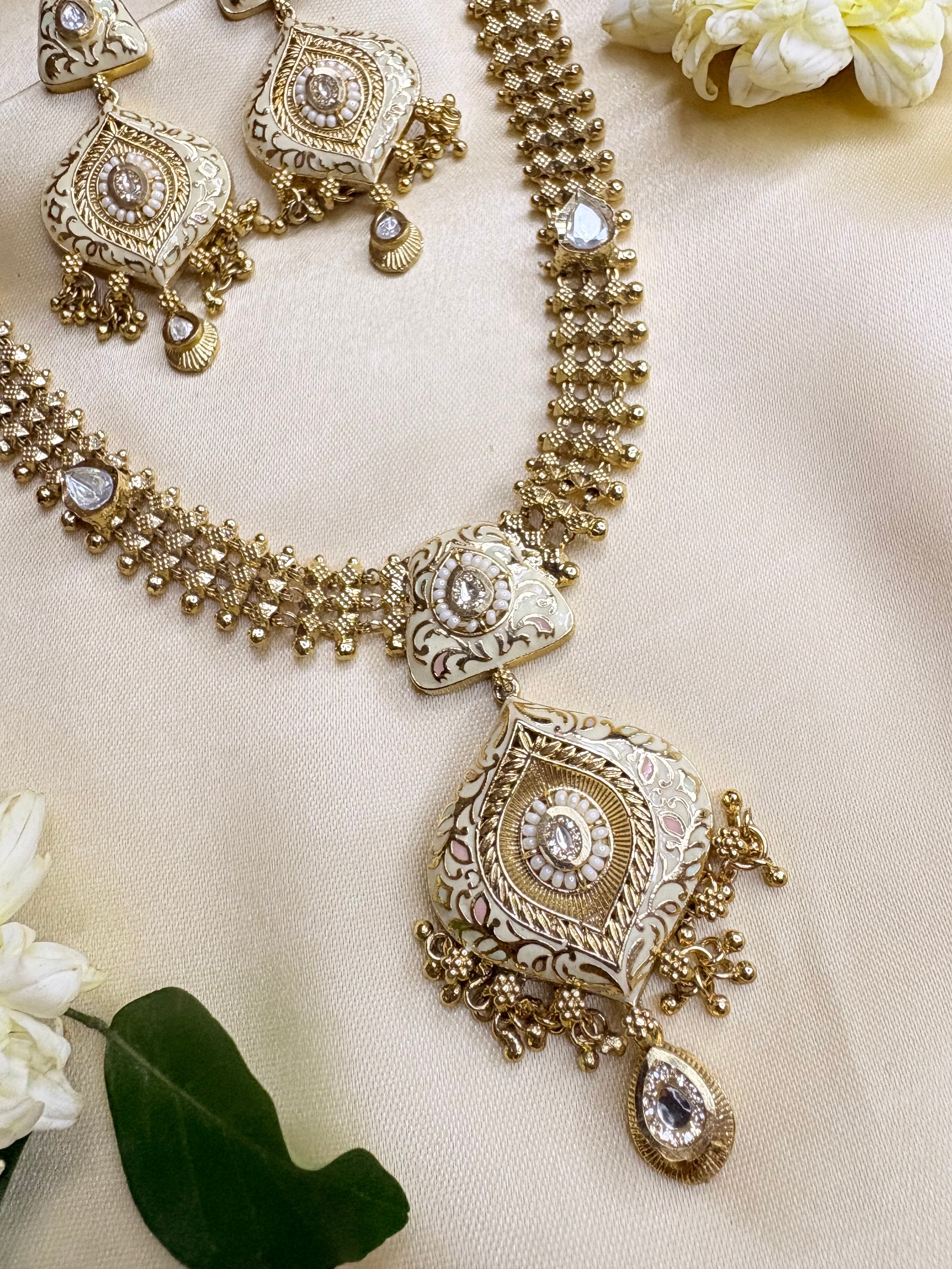 Handcrafted White Meenakari & Kundan Stone Jewelry Set
