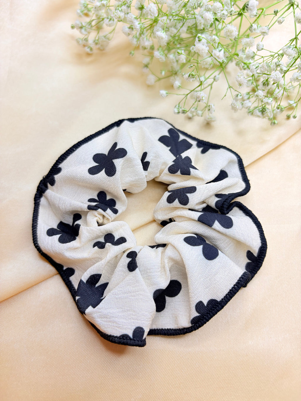 Black and White Floral Scrunchie
