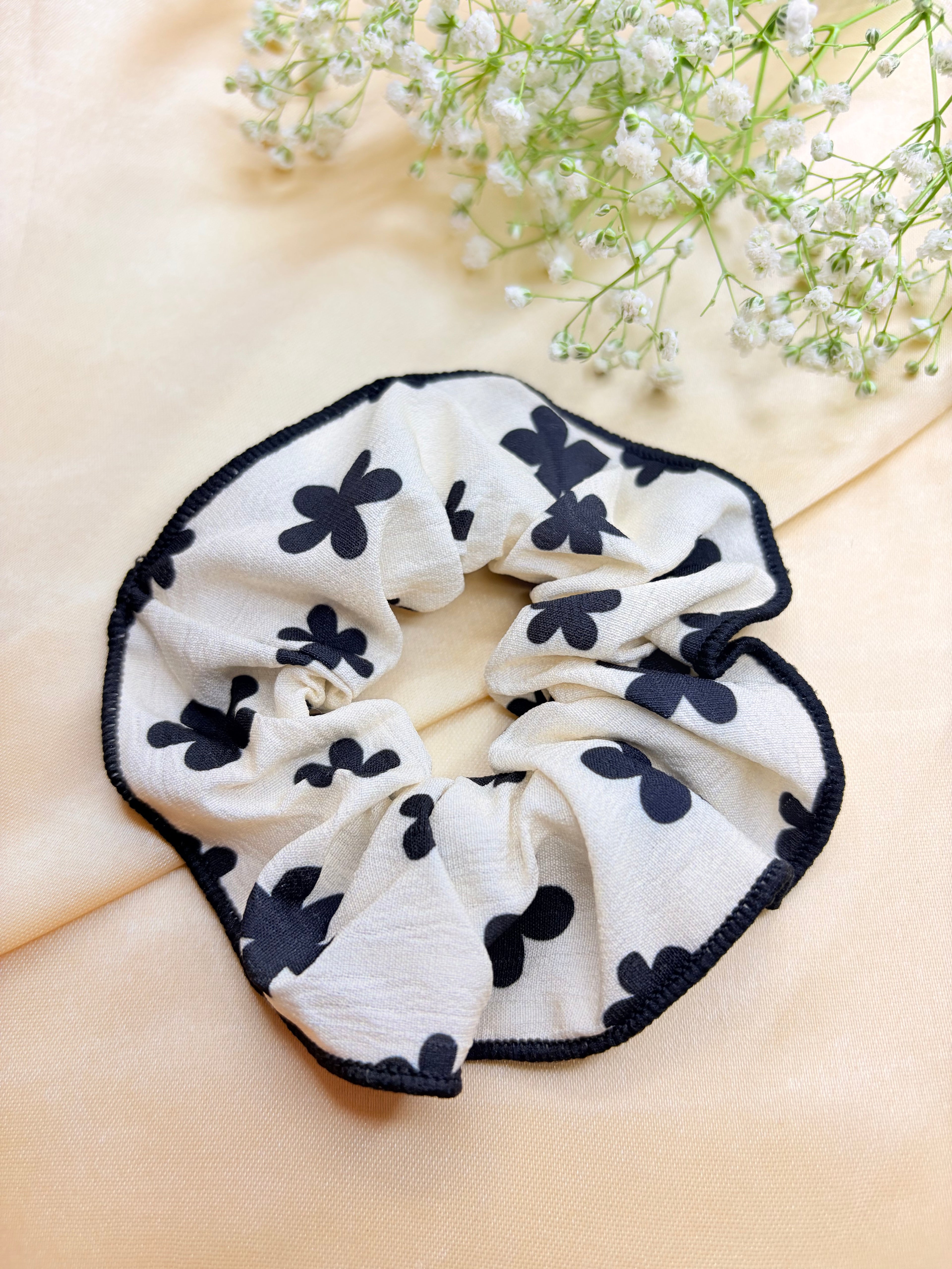 Black and White Floral Scrunchie