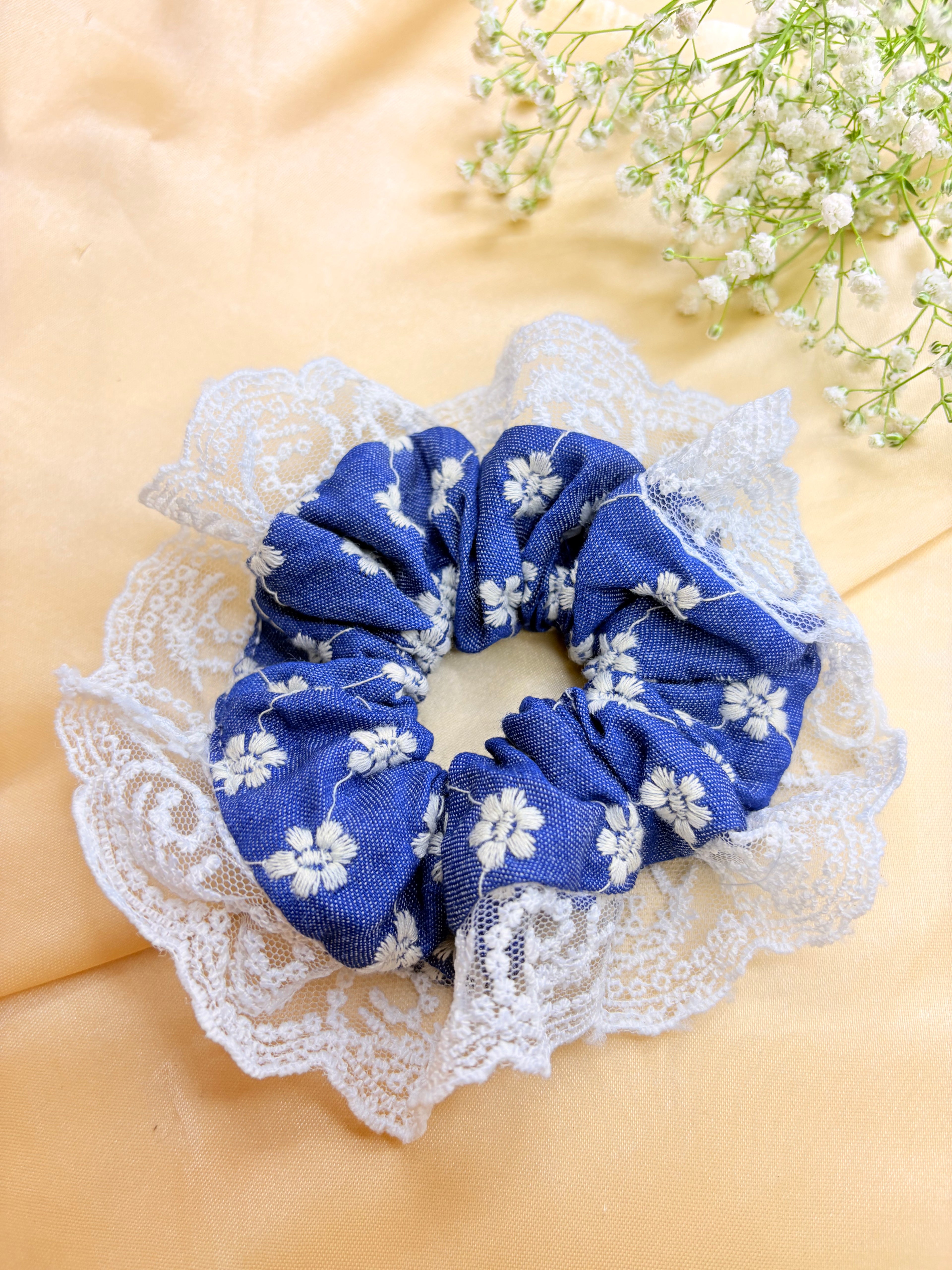 Denim Floral Lace Scrunchie