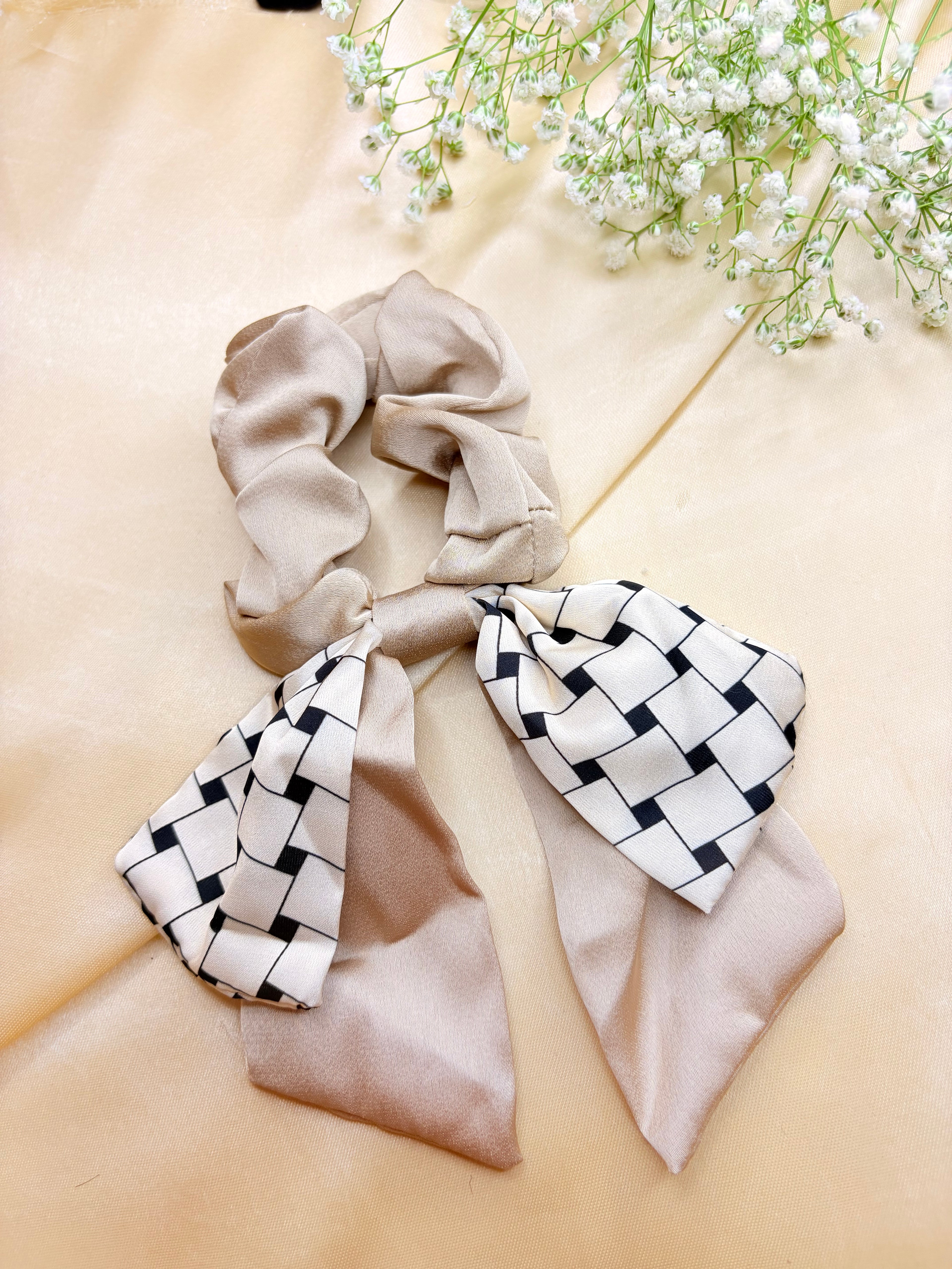 Satin Beige and Black Bow Scrunchie