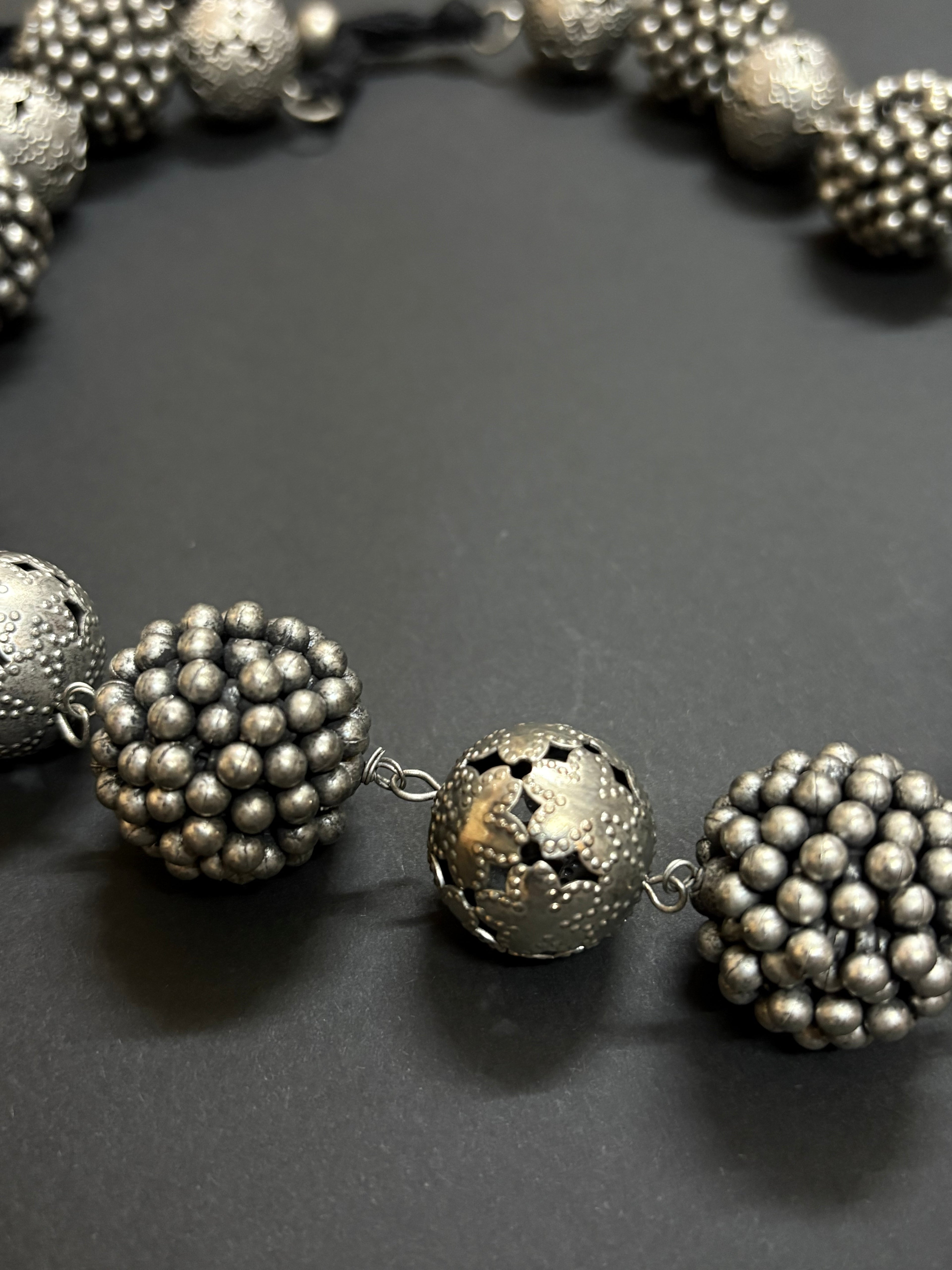 Vintage Style Metallic Ball Necklace with Filigree Detailing