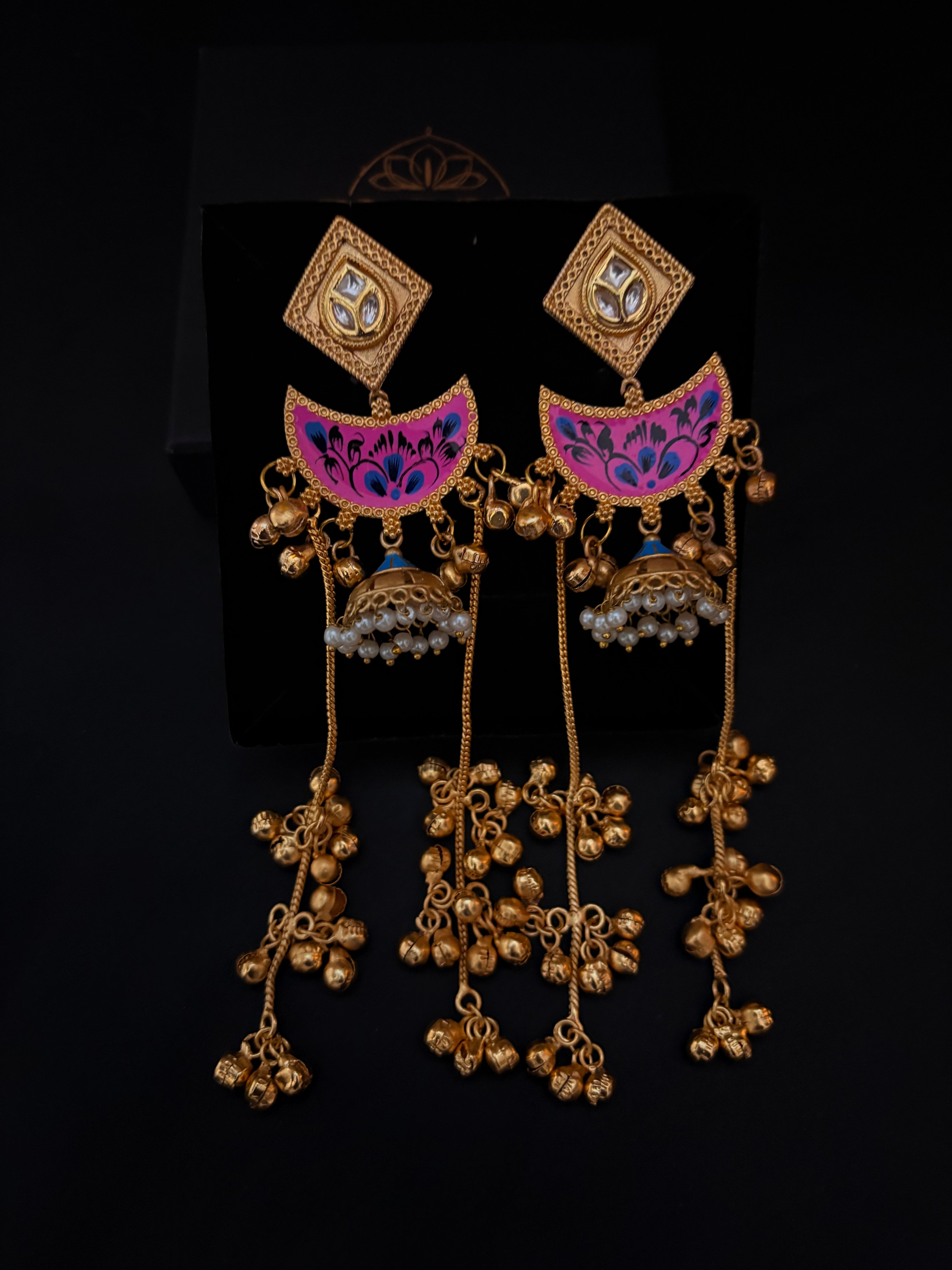 Pink Crescent Earrings with Ghungroo Drops