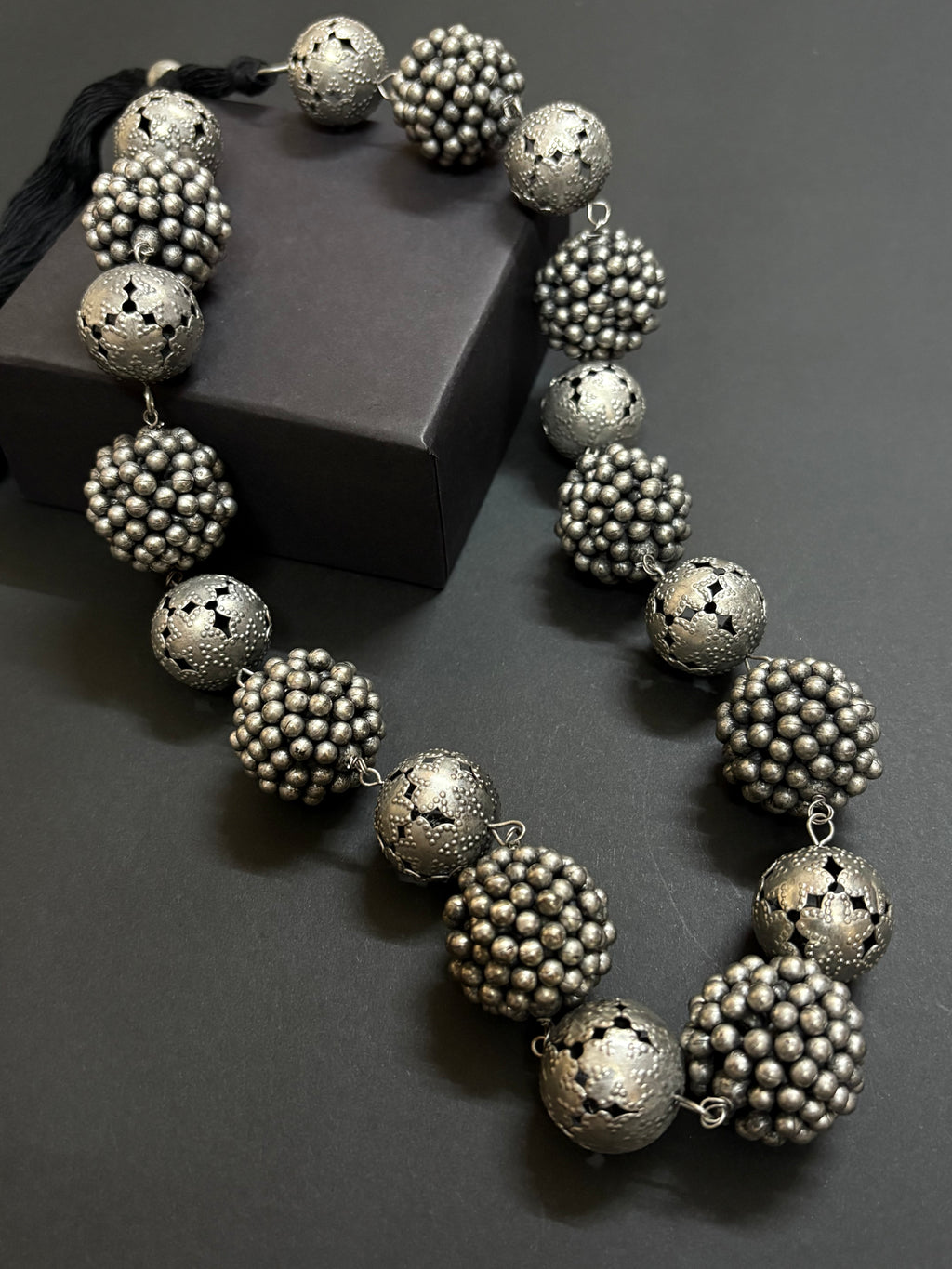 Vintage Style Metallic Ball Necklace with Filigree Detailing