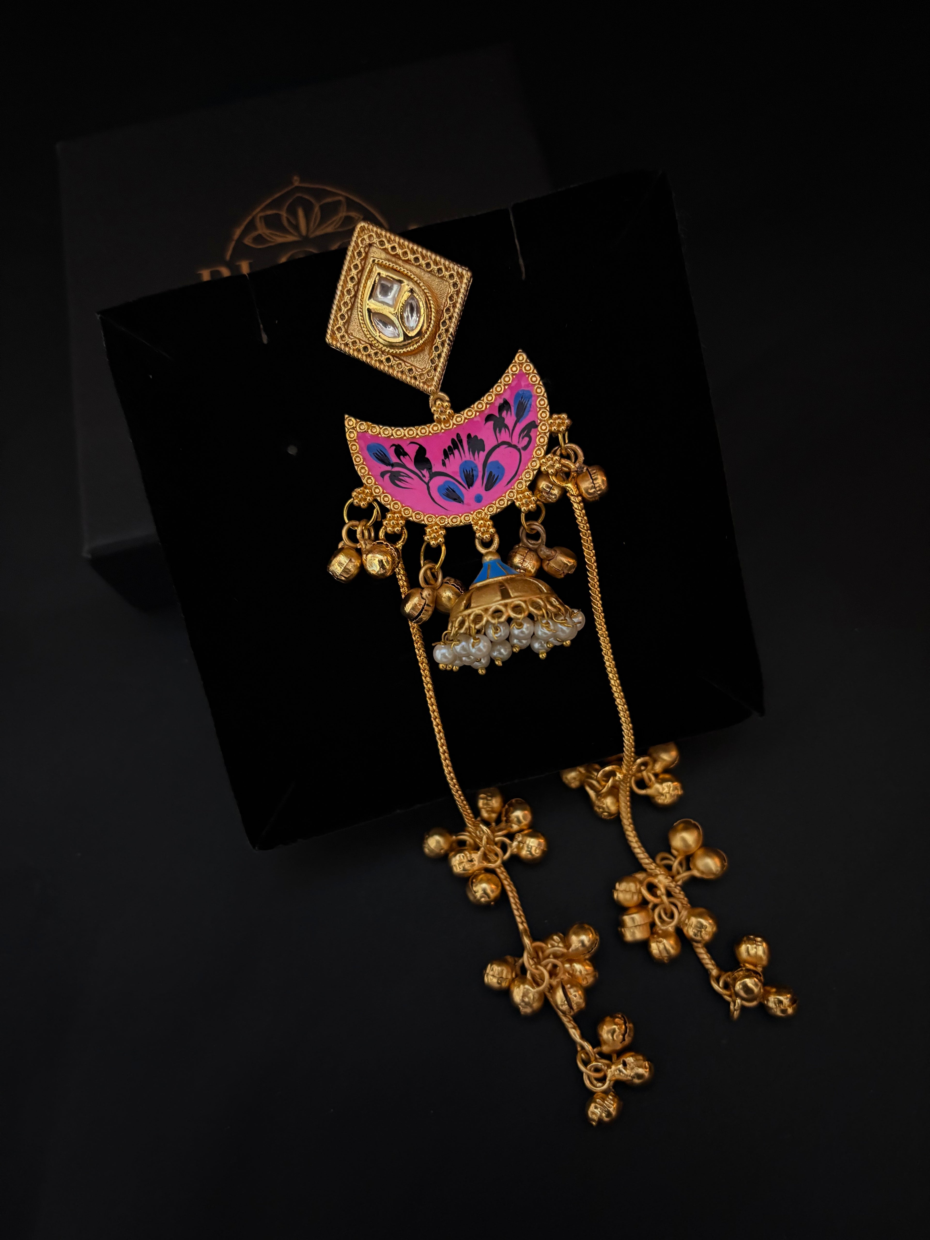 Pink Crescent Earrings with Ghungroo Drops