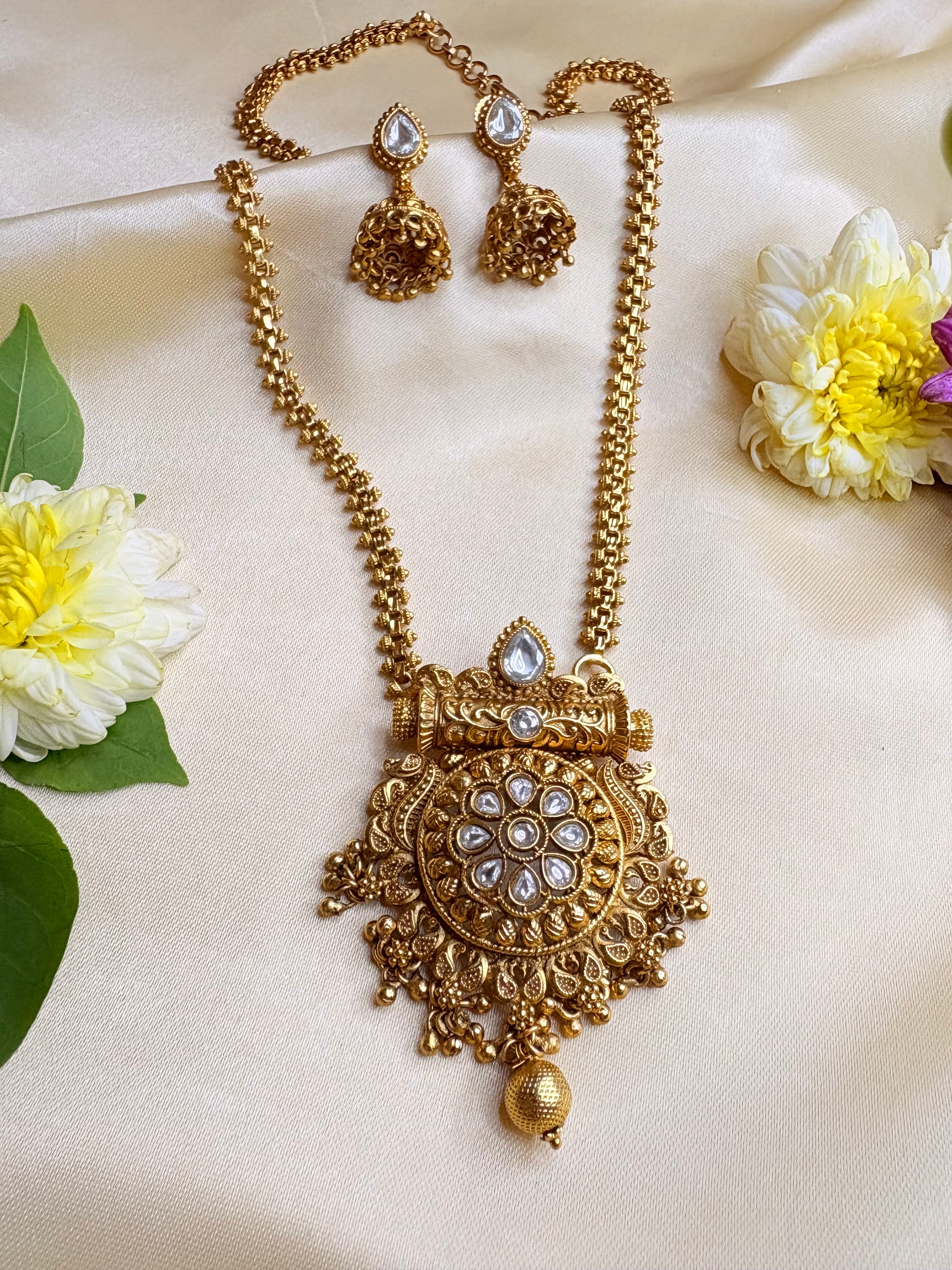 Indian Antique Gold Plated Necklace with Jhumka Earrings