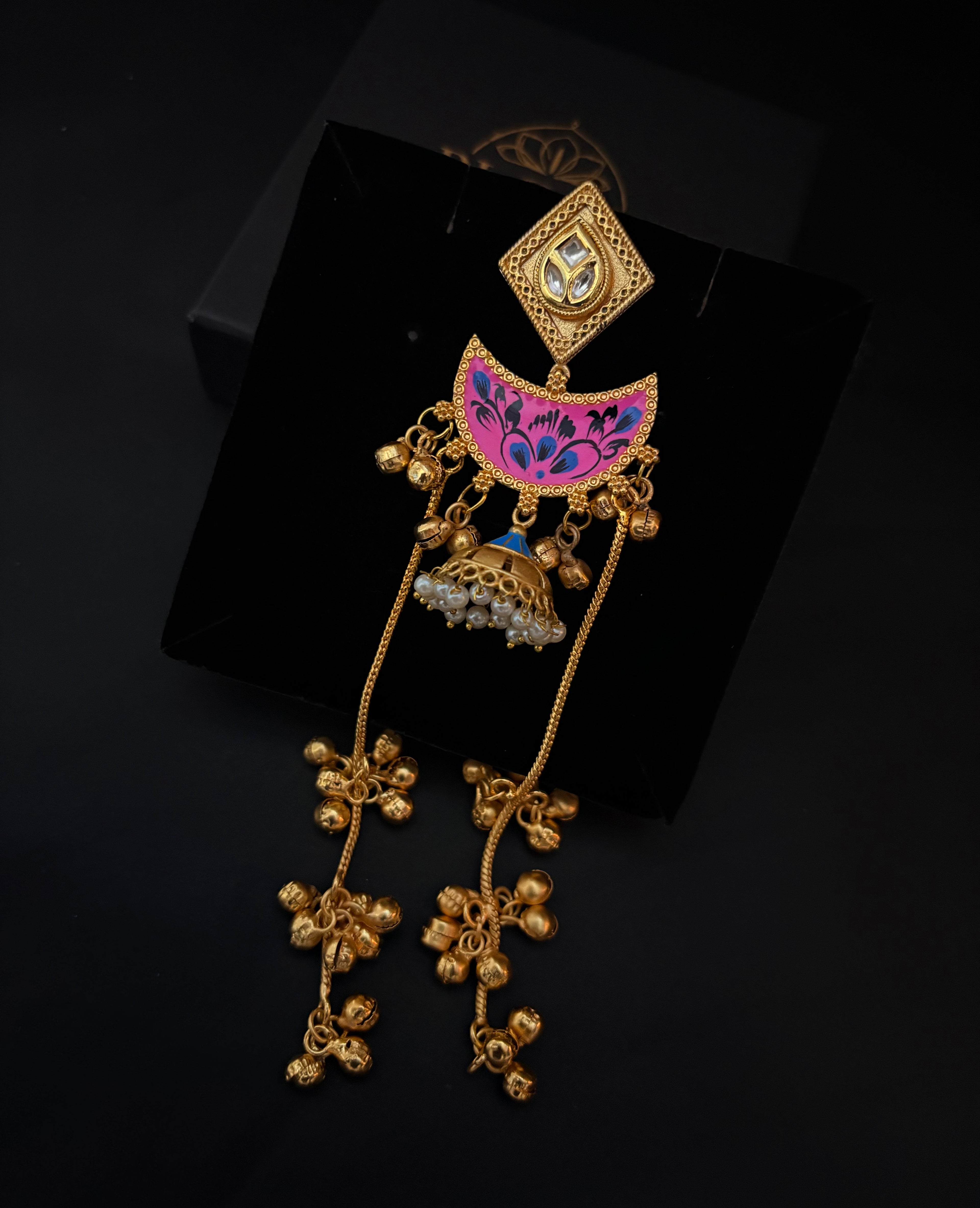 Pink Crescent Earrings with Ghungroo Drops