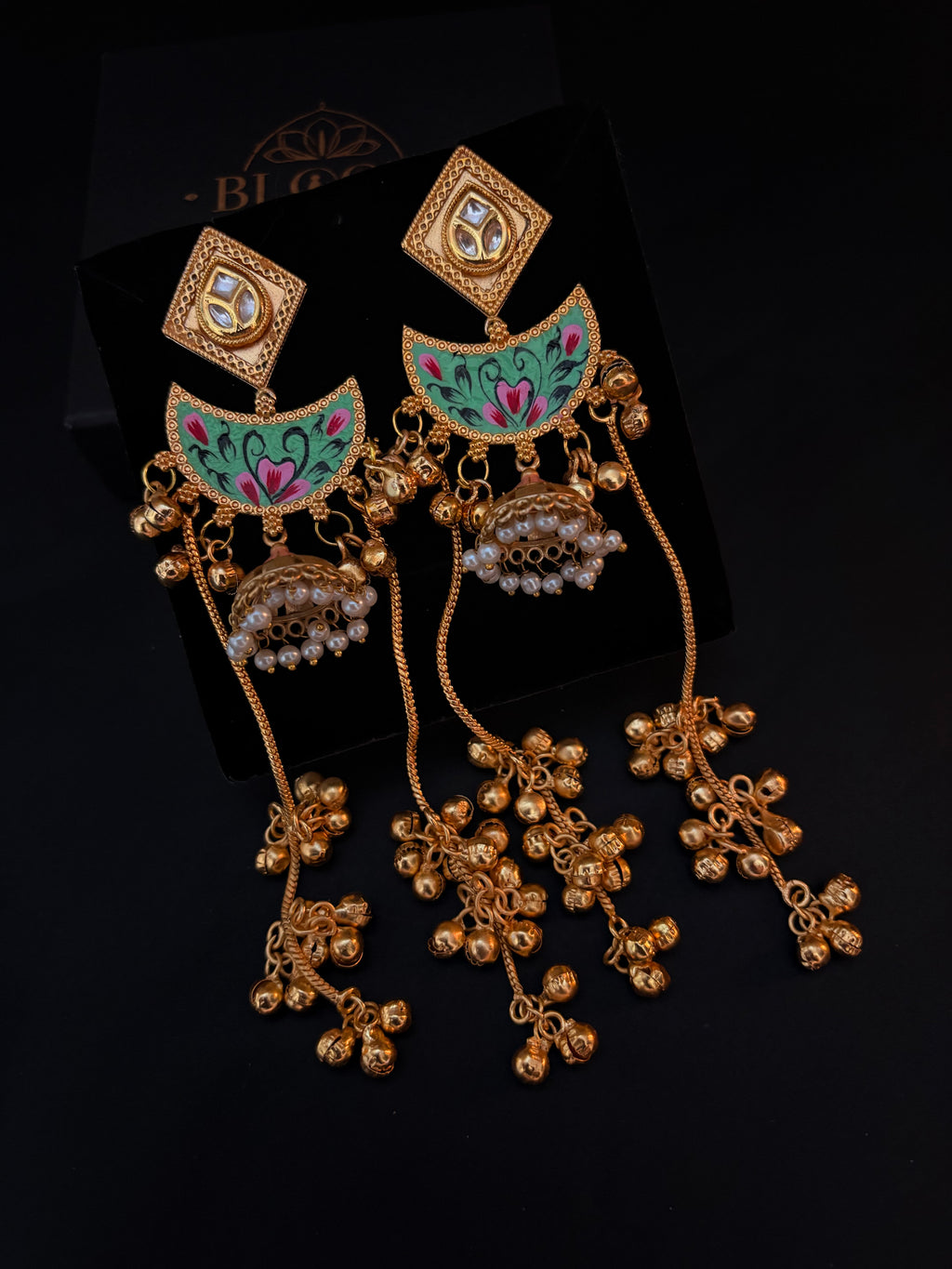 Ethnic Pink & Gold Jhumkas with Long Ghungroo Chain Tassels