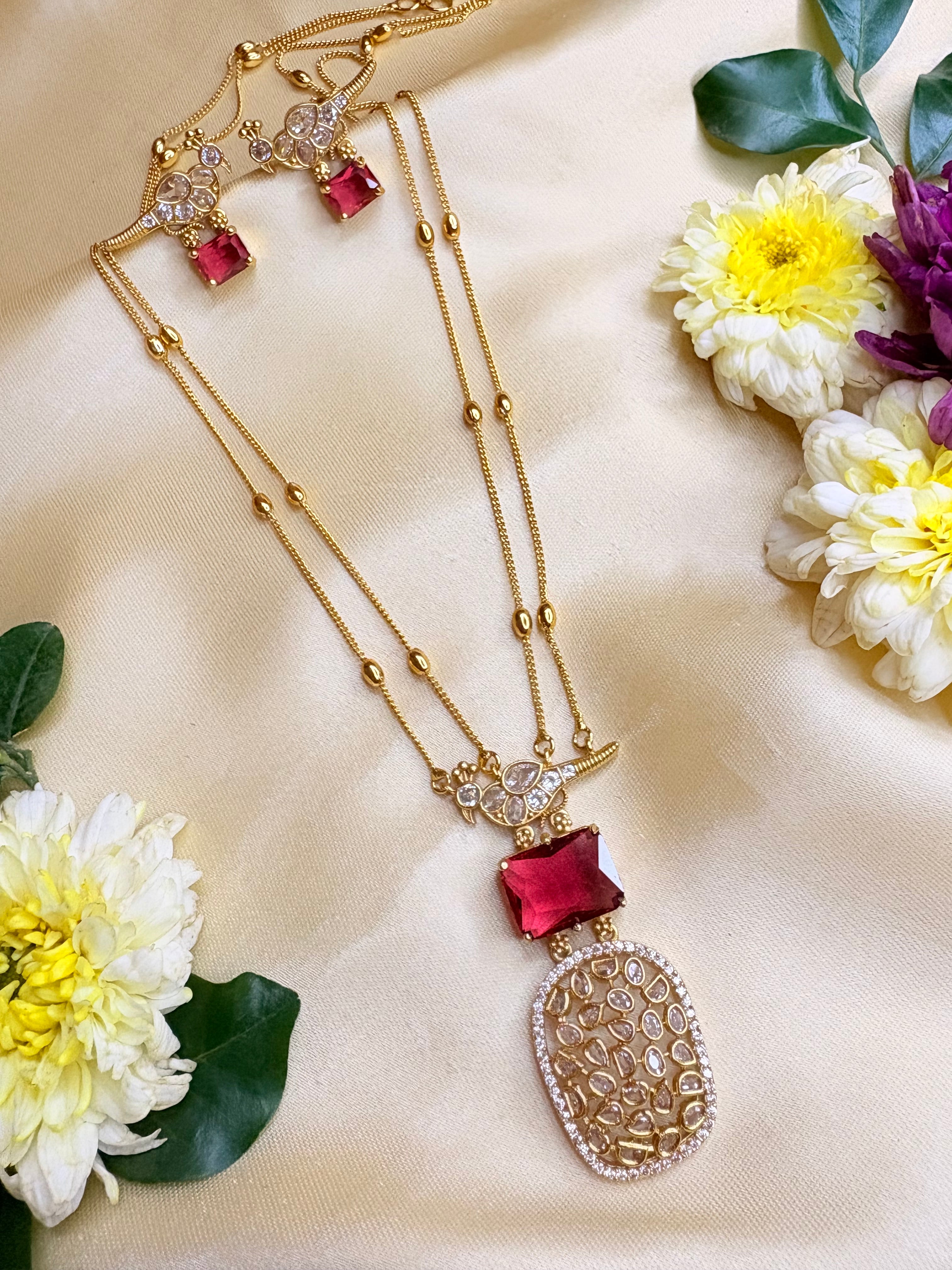 Stone Studded Long Double Chain Jewelry Set