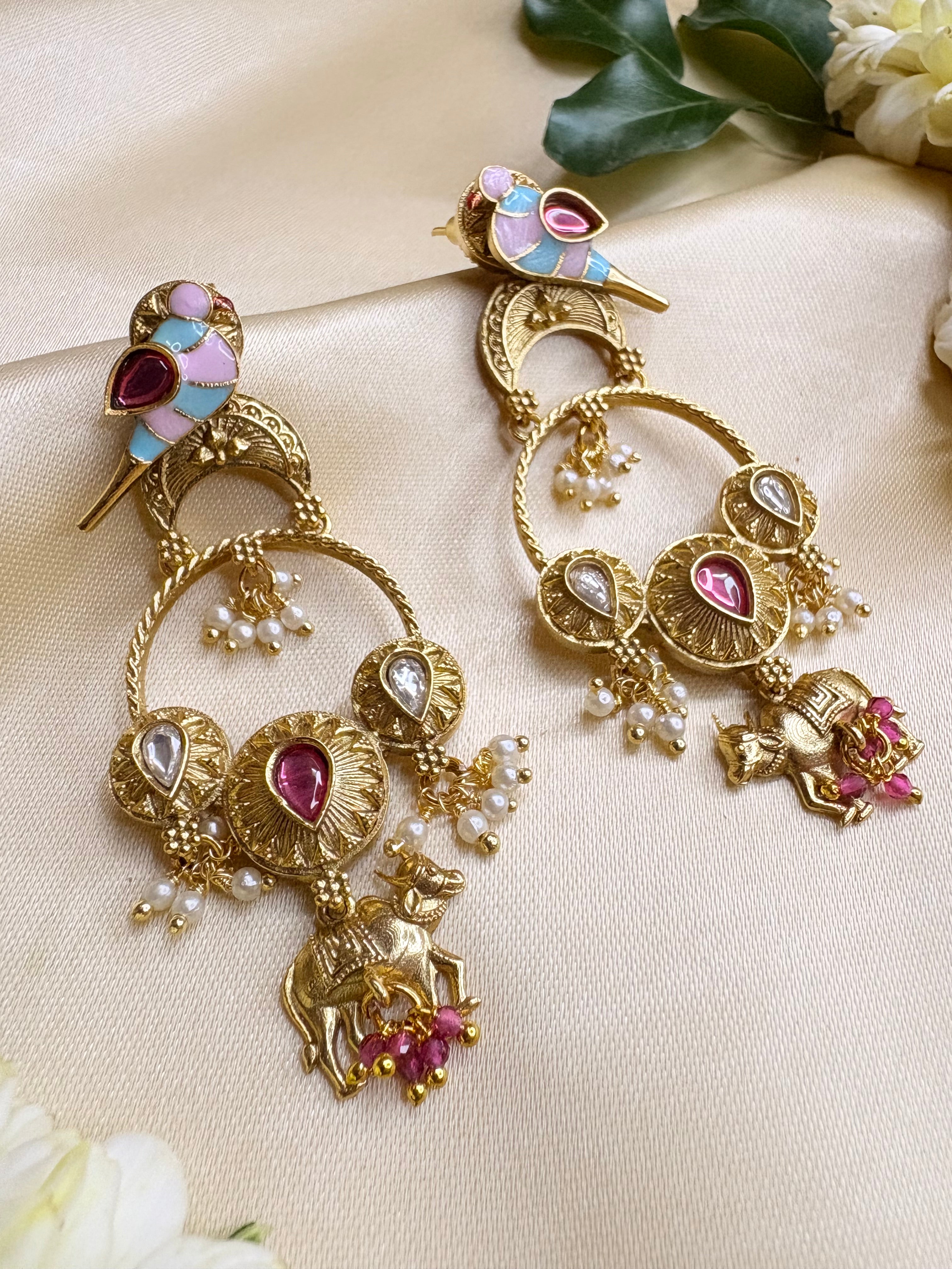Gold Bird Motif Kundan Earrings