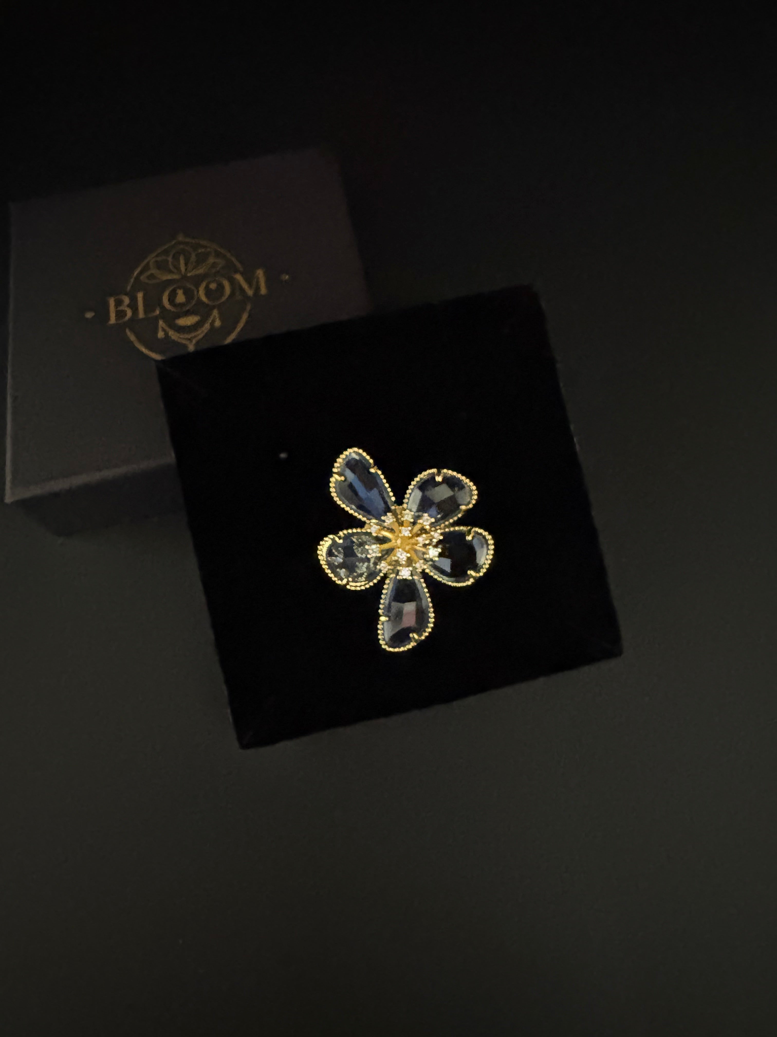 Midnight Bloom Blue Crystal Flower Ring