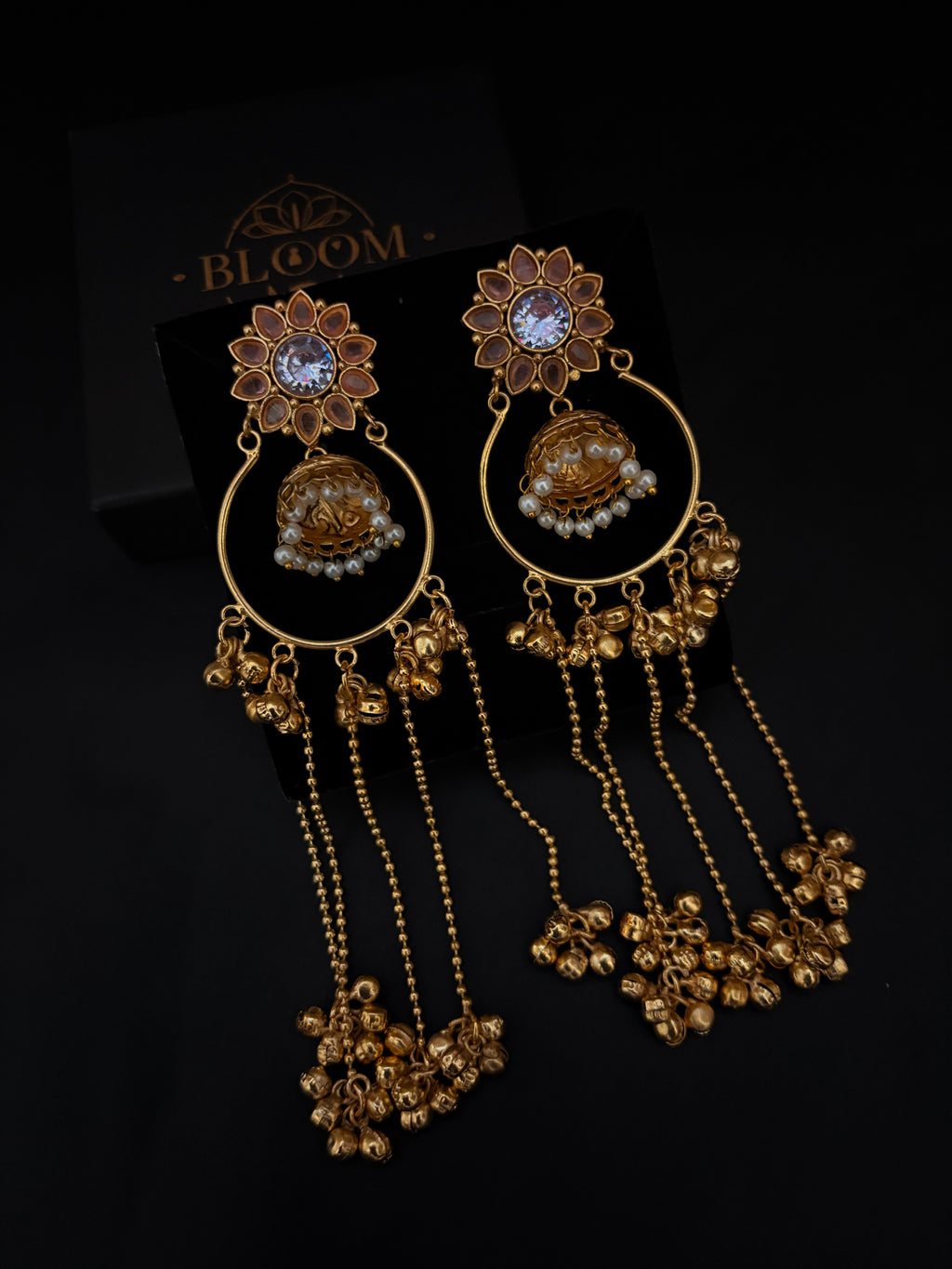 Gold-Plated Chandbali Jhumka Earrings with Sunburst Studs and Long Ghungroo Drops