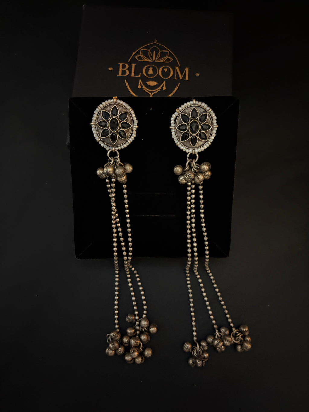 Oxidized Silver Floral Stud Earrings with Long Ghungroo