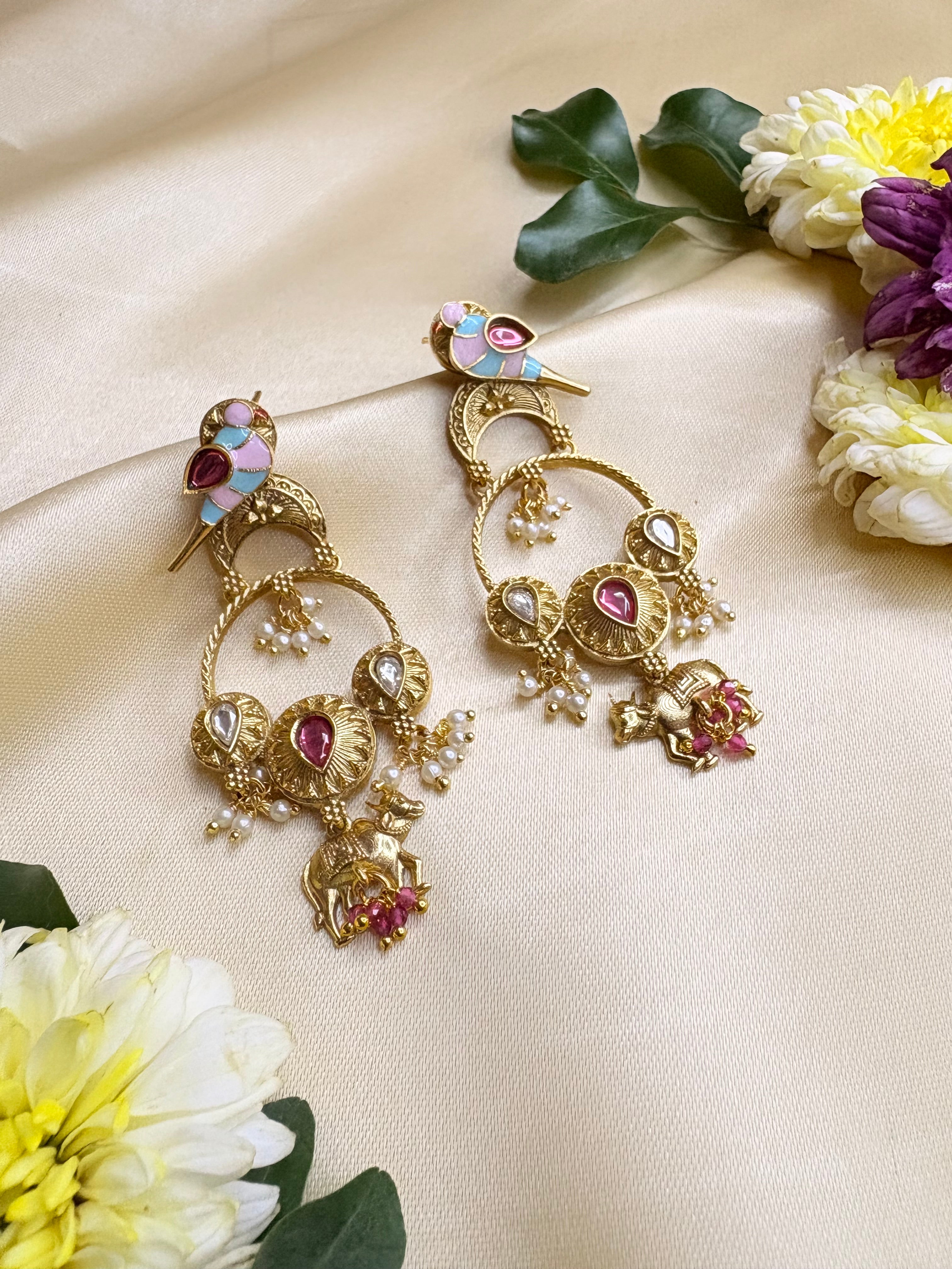 Gold Bird Motif Kundan Earrings