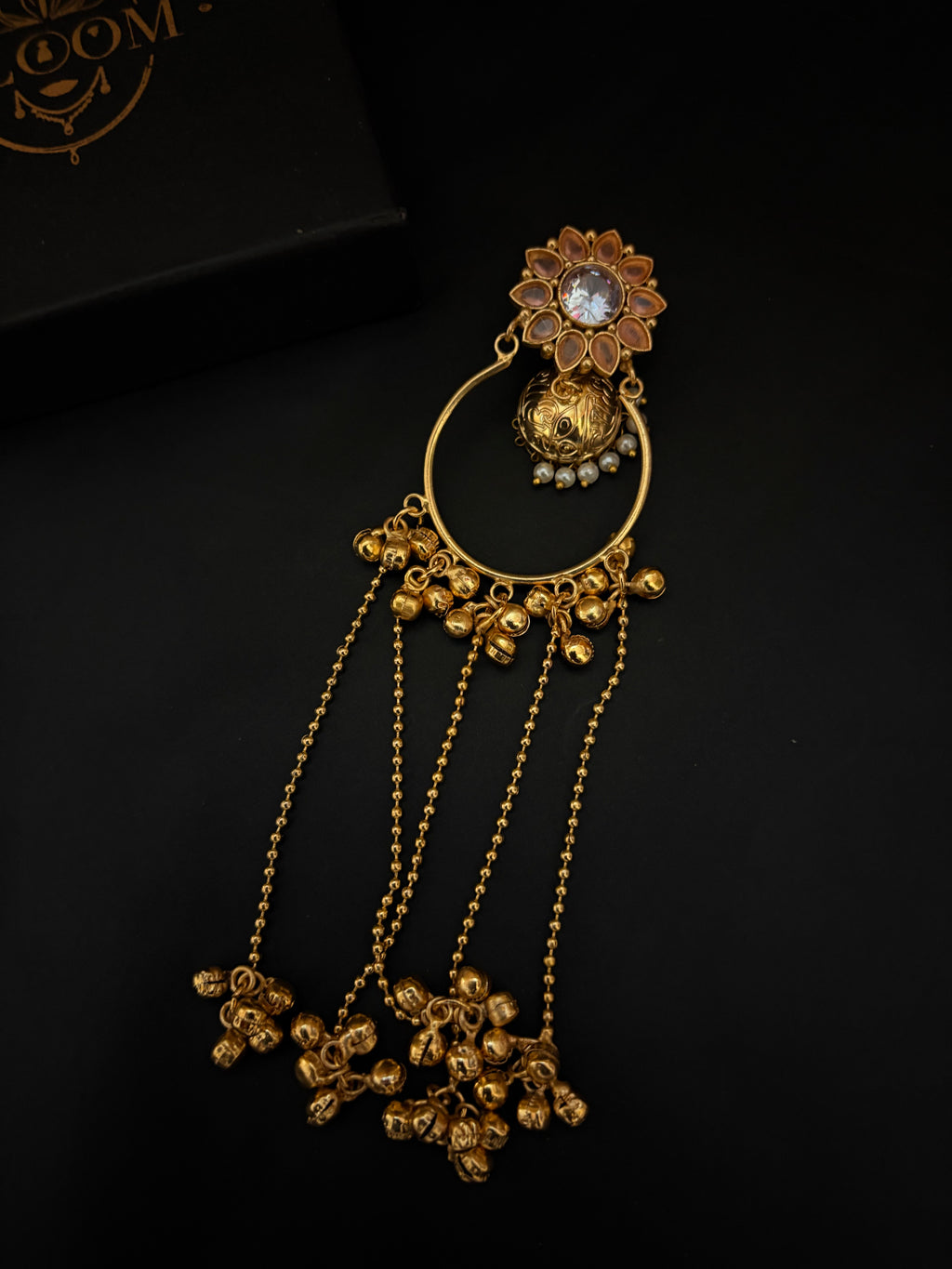 Gold-Plated Chandbali Jhumka Earrings with Sunburst Studs and Long Ghungroo Drops