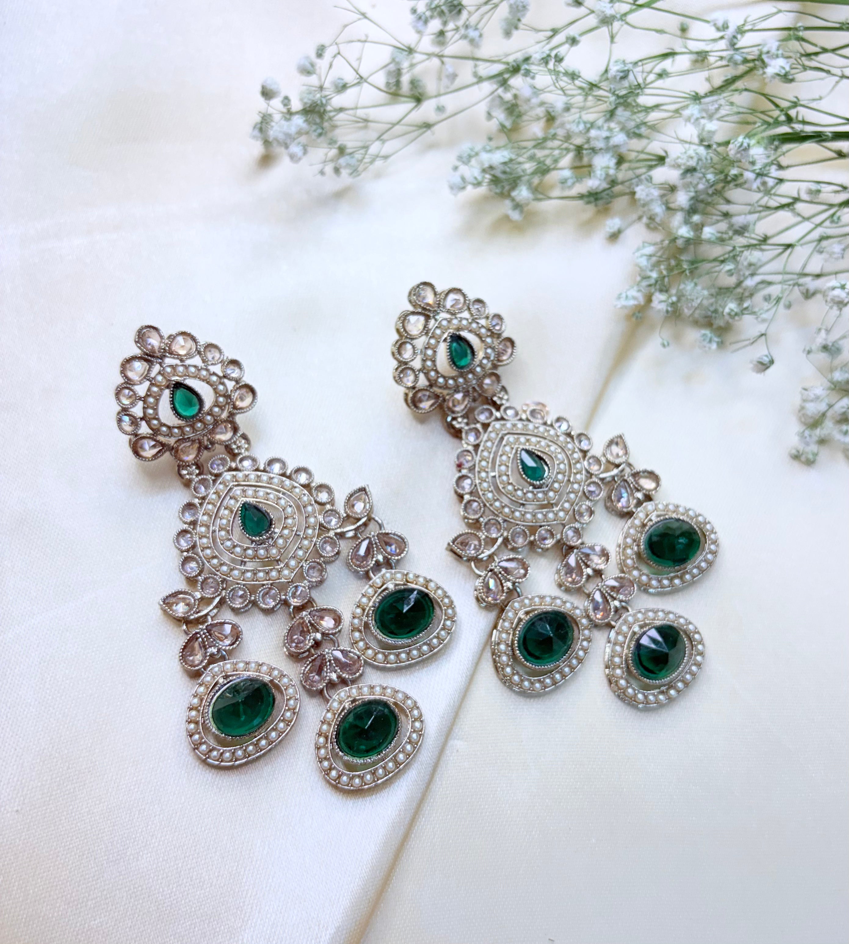 Kundan-Style Green Stone & Pearl Jhumka Earrings Bloom