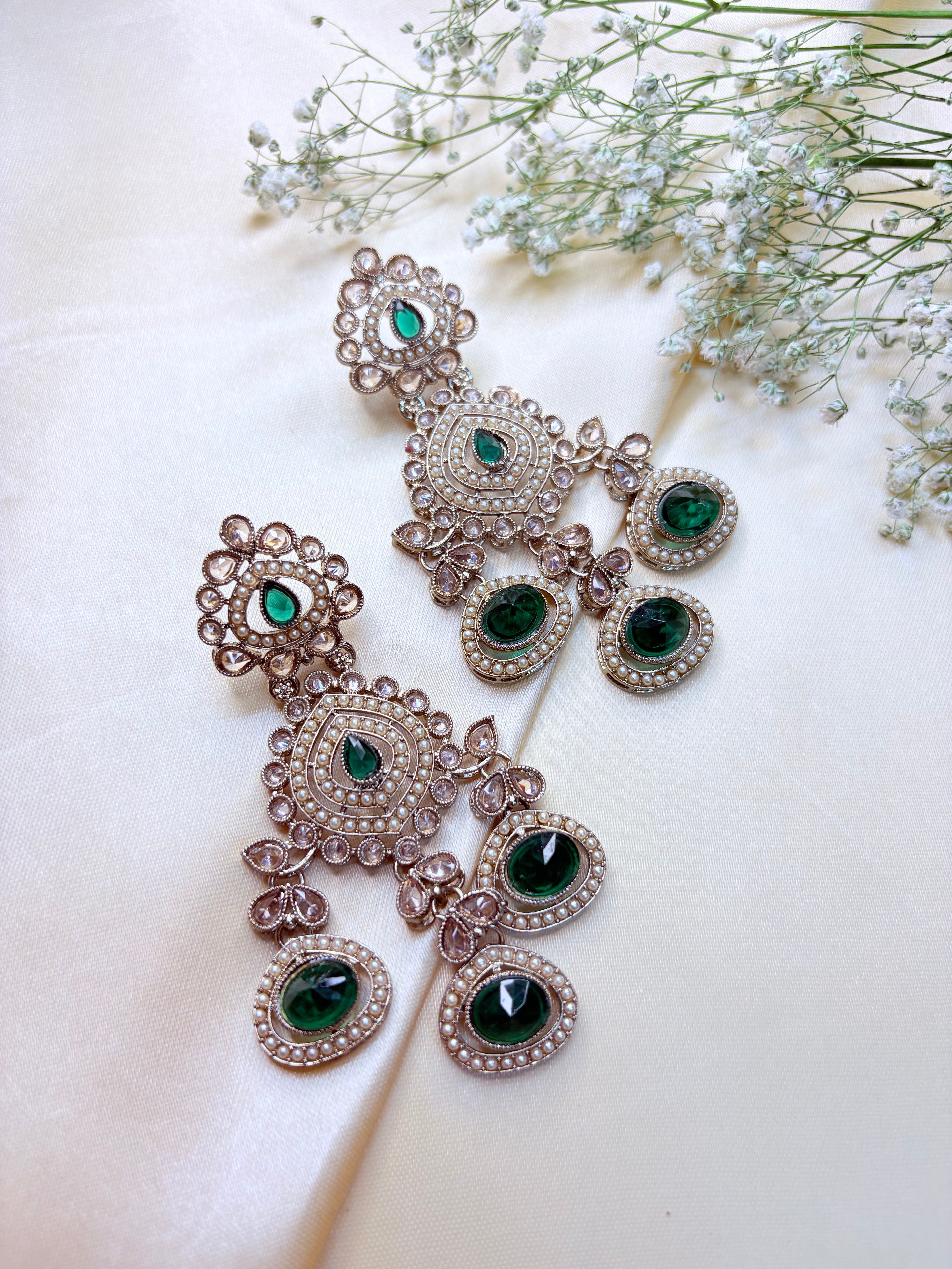 Kundan-Style Green Stone & Pearl Jhumka Earrings Bloom