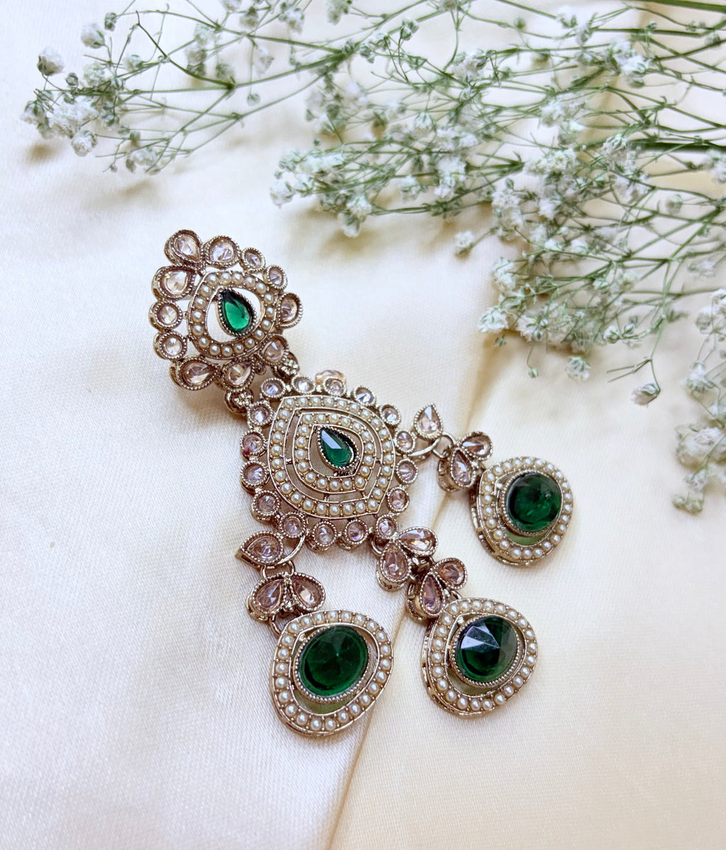 Kundan-Style Green Stone & Pearl Jhumka Earrings Bloom