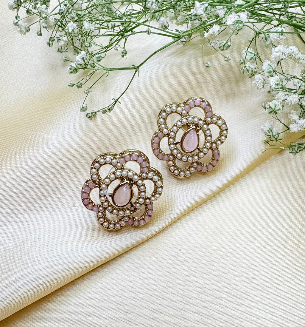Petal & Pearl Drop Stud Earrings- Pink, Gold and Green Bloom