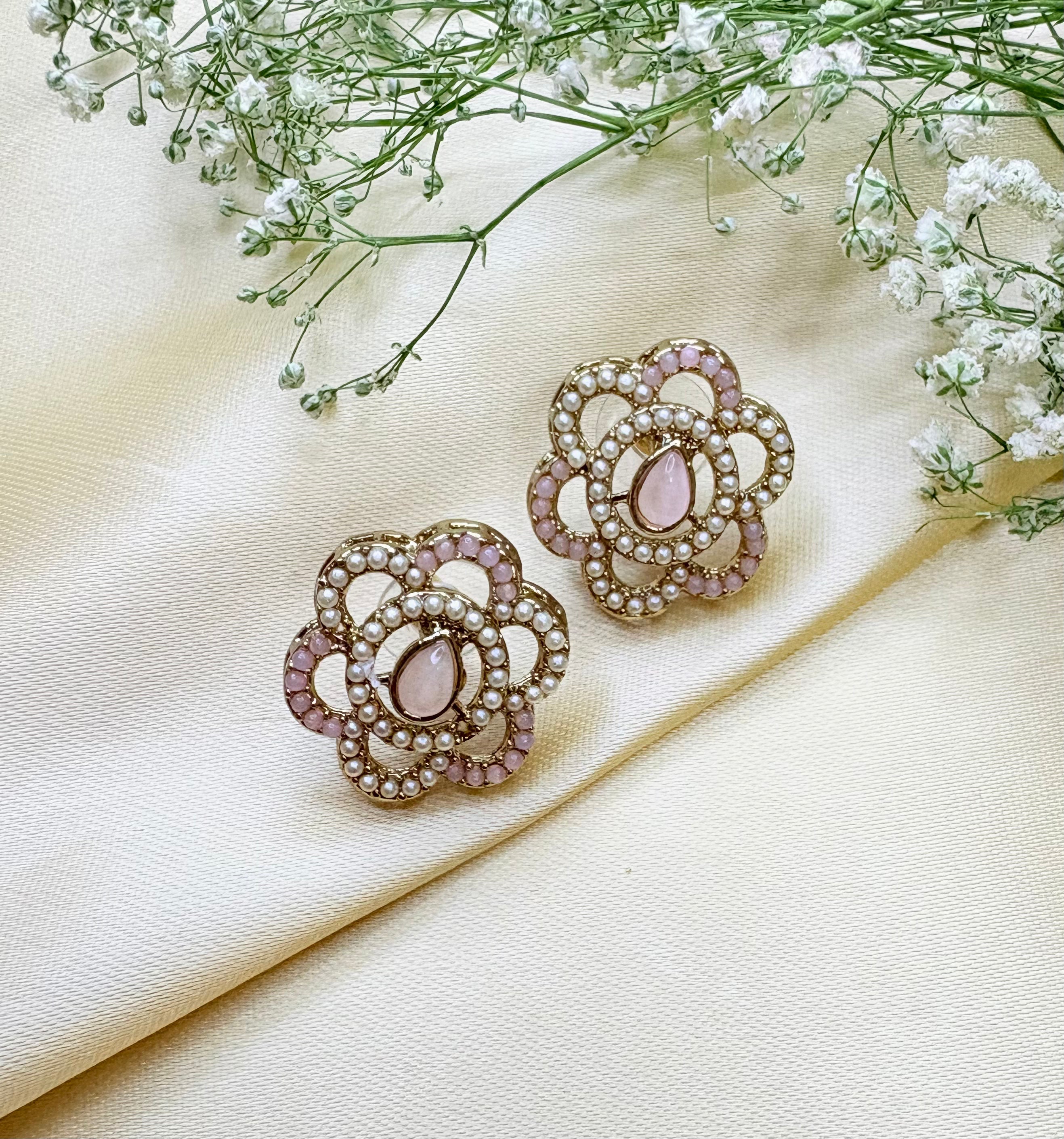 Petal & Pearl Drop Stud Earrings- Pink, Gold and Green Bloom