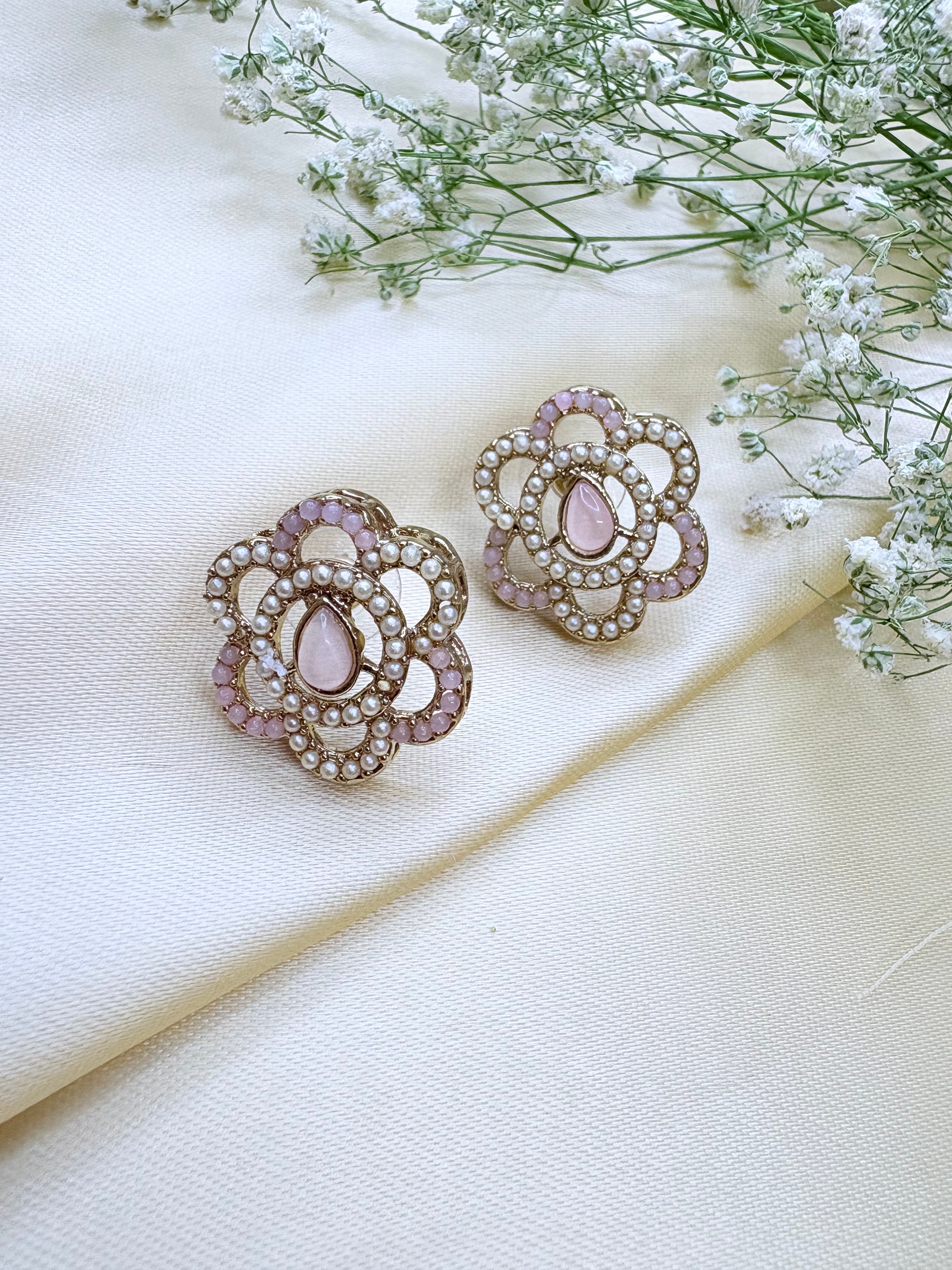 Petal & Pearl Drop Stud Earrings- Pink, Gold and Green Bloom