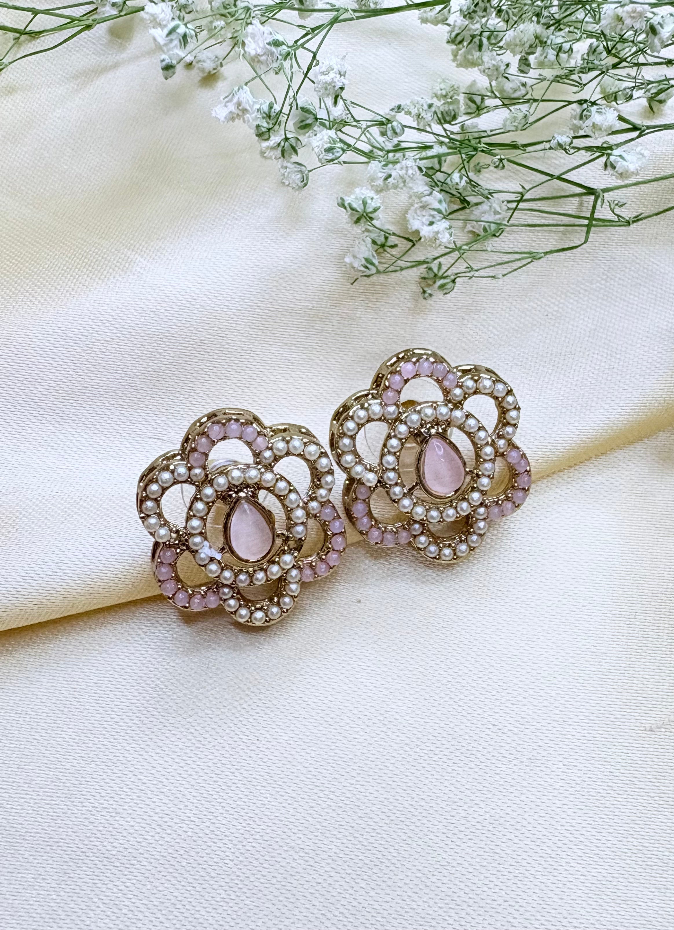 Petal & Pearl Drop Stud Earrings- Pink, Gold and Green Bloom