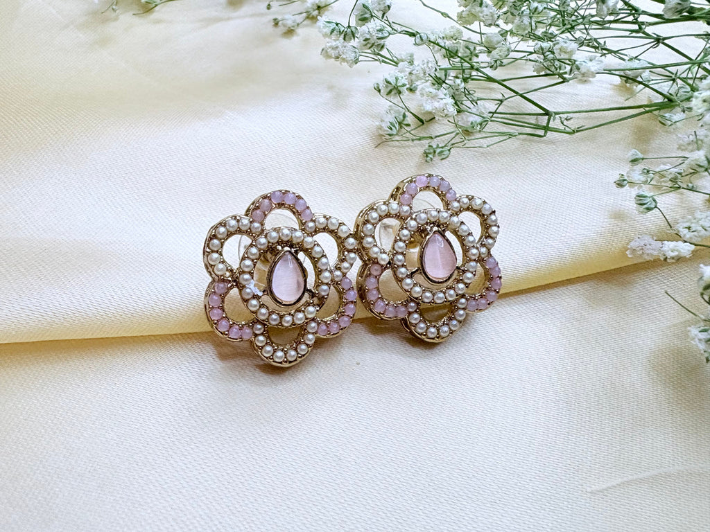 Petal & Pearl Drop Stud Earrings- Pink, Gold and Green Bloom