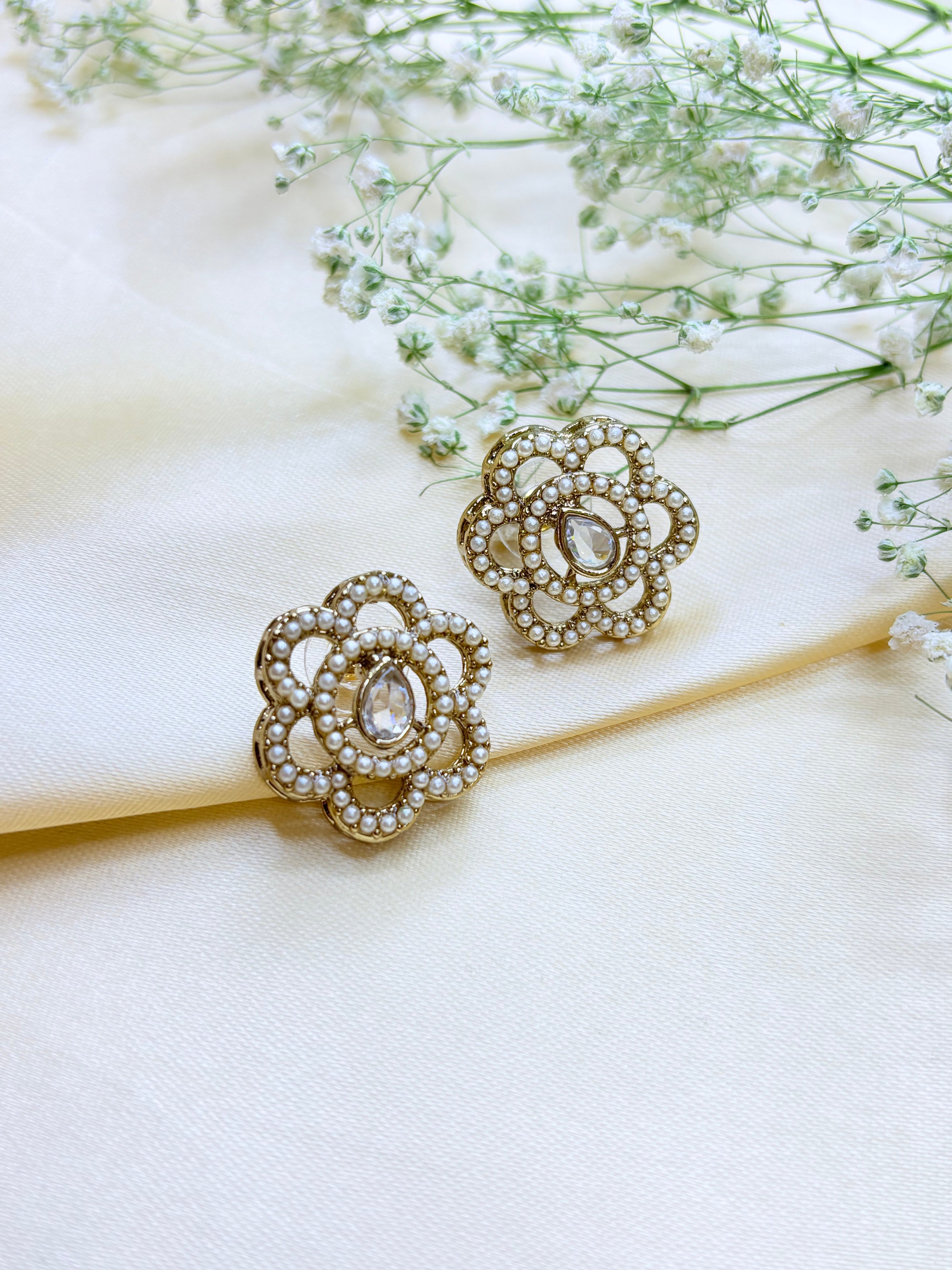 Petal & Pearl Drop Stud Earrings- Pink, Gold and Green Bloom