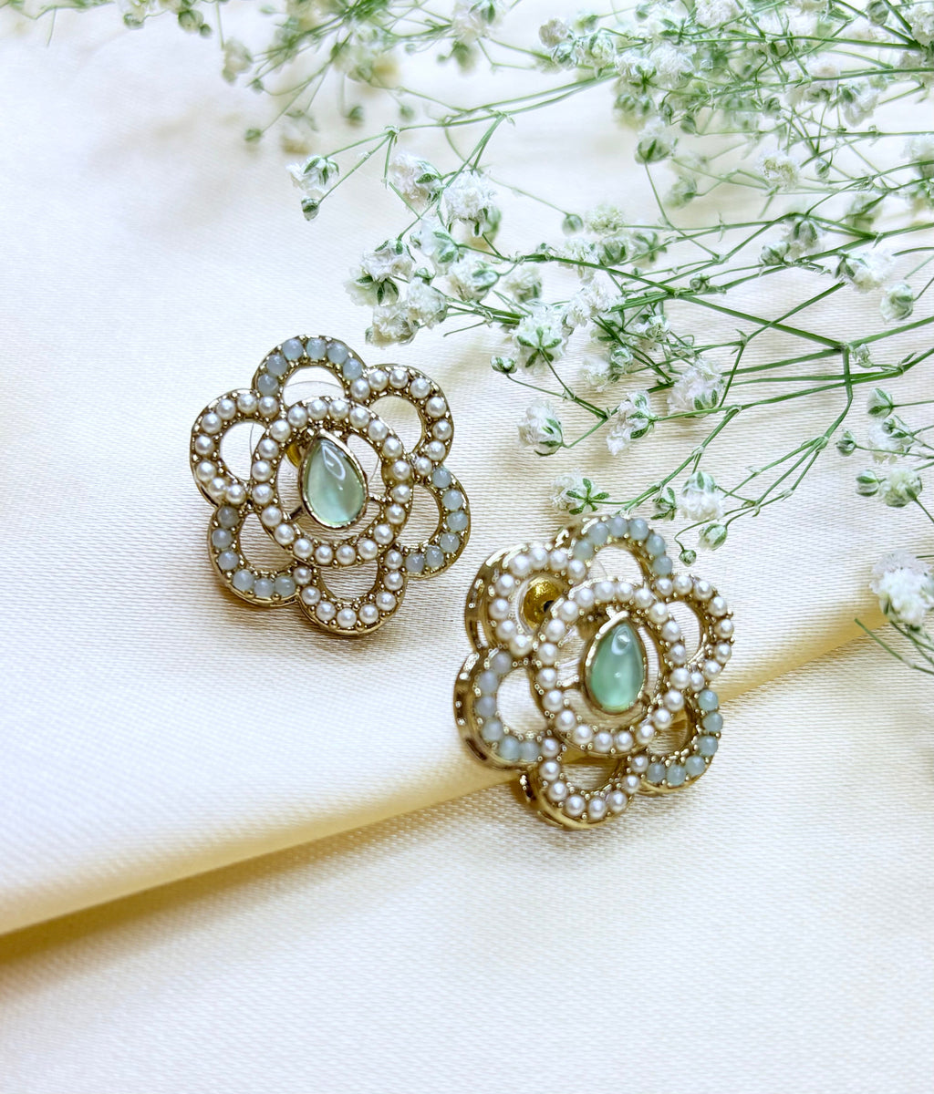 Petal & Pearl Drop Stud Earrings- Pink, Gold and Green Bloom