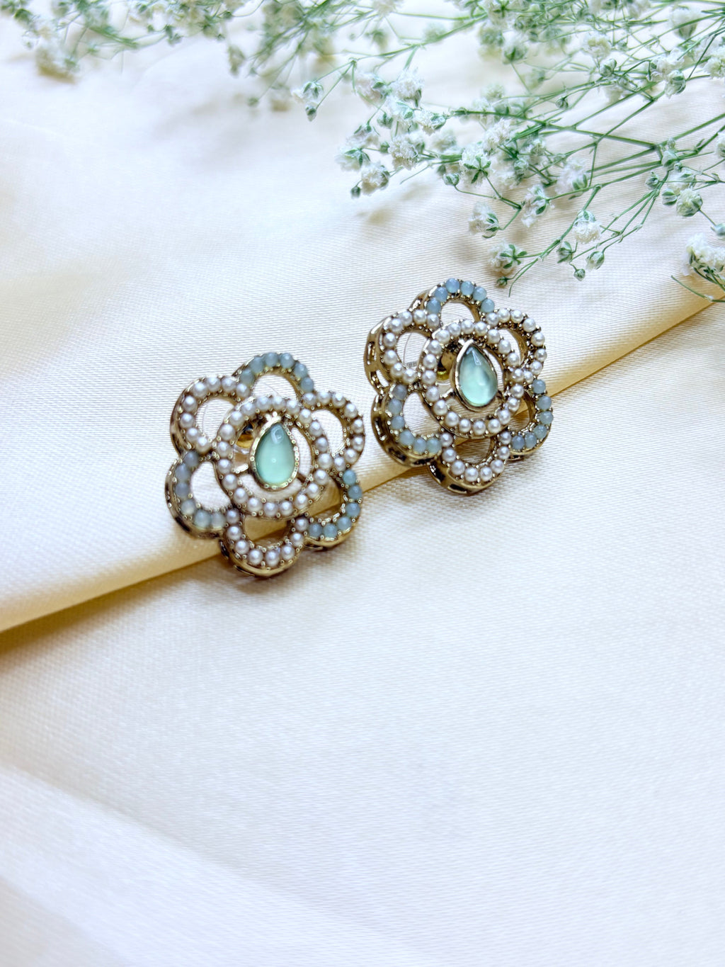 Petal & Pearl Drop Stud Earrings- Pink, Gold and Green Bloom