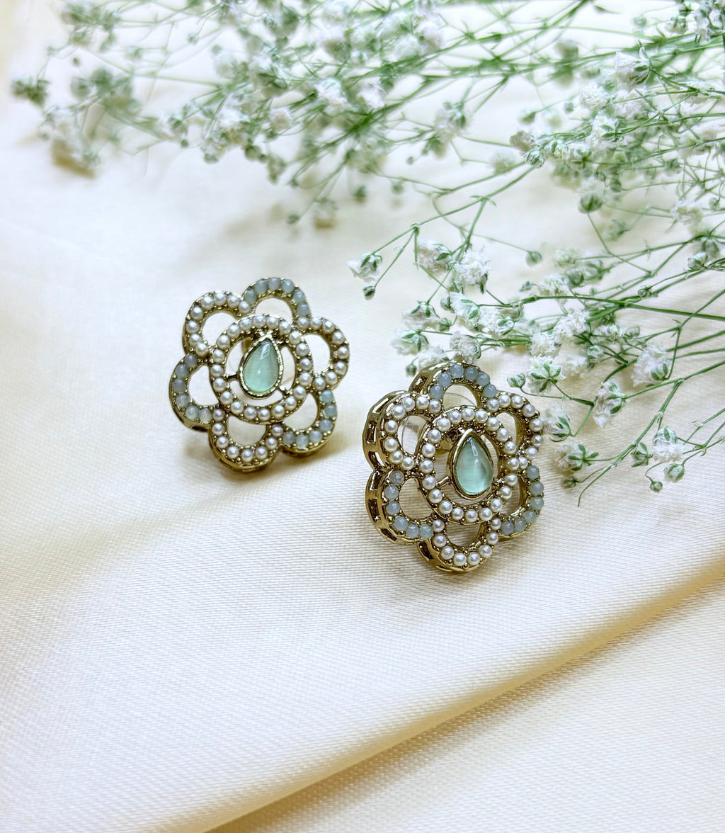 Petal & Pearl Drop Stud Earrings- Pink, Gold and Green Bloom