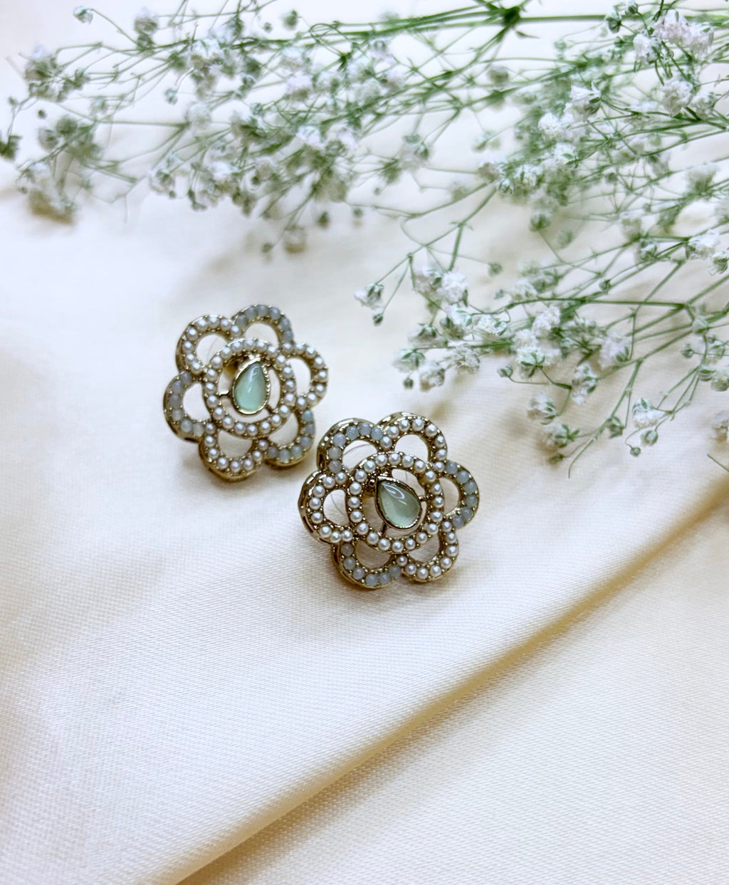 Petal & Pearl Drop Stud Earrings- Pink, Gold and Green Bloom