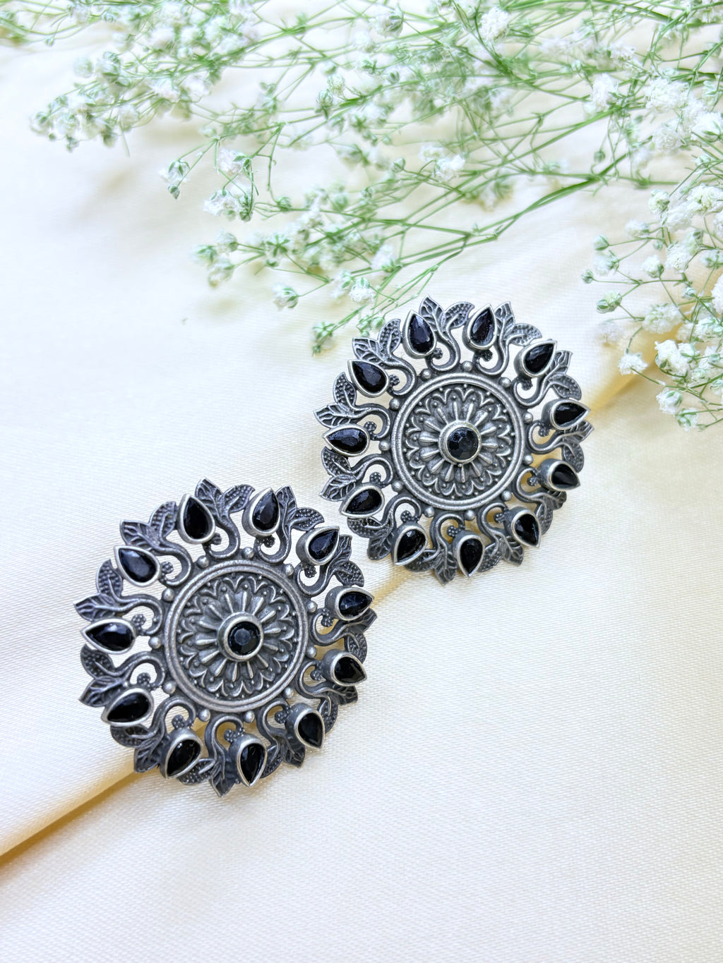 Oxidised Silver Black and Navy Blue Stone Floral Stud Earrings