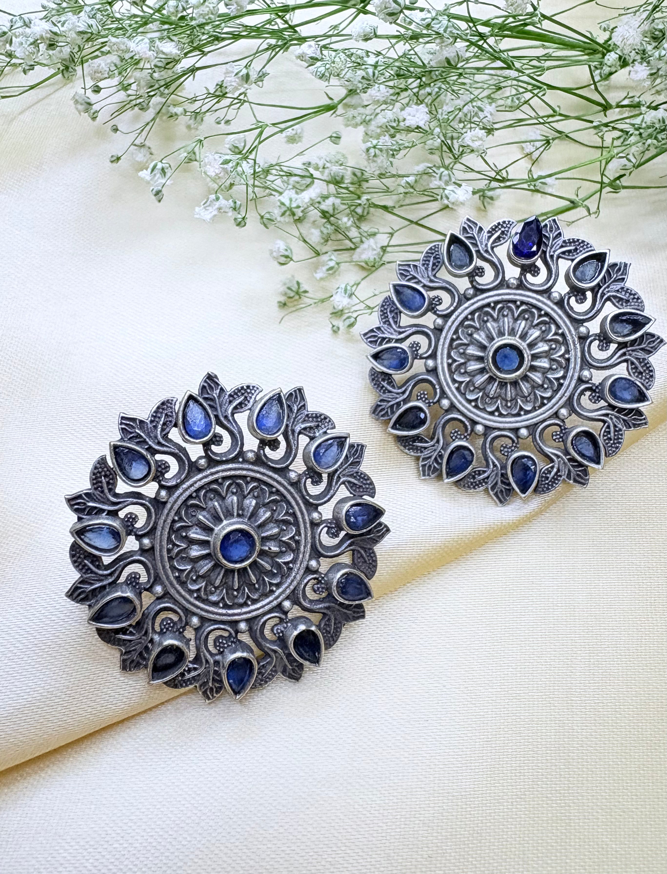 Oxidised Silver Black and Navy Blue Stone Floral Stud Earrings