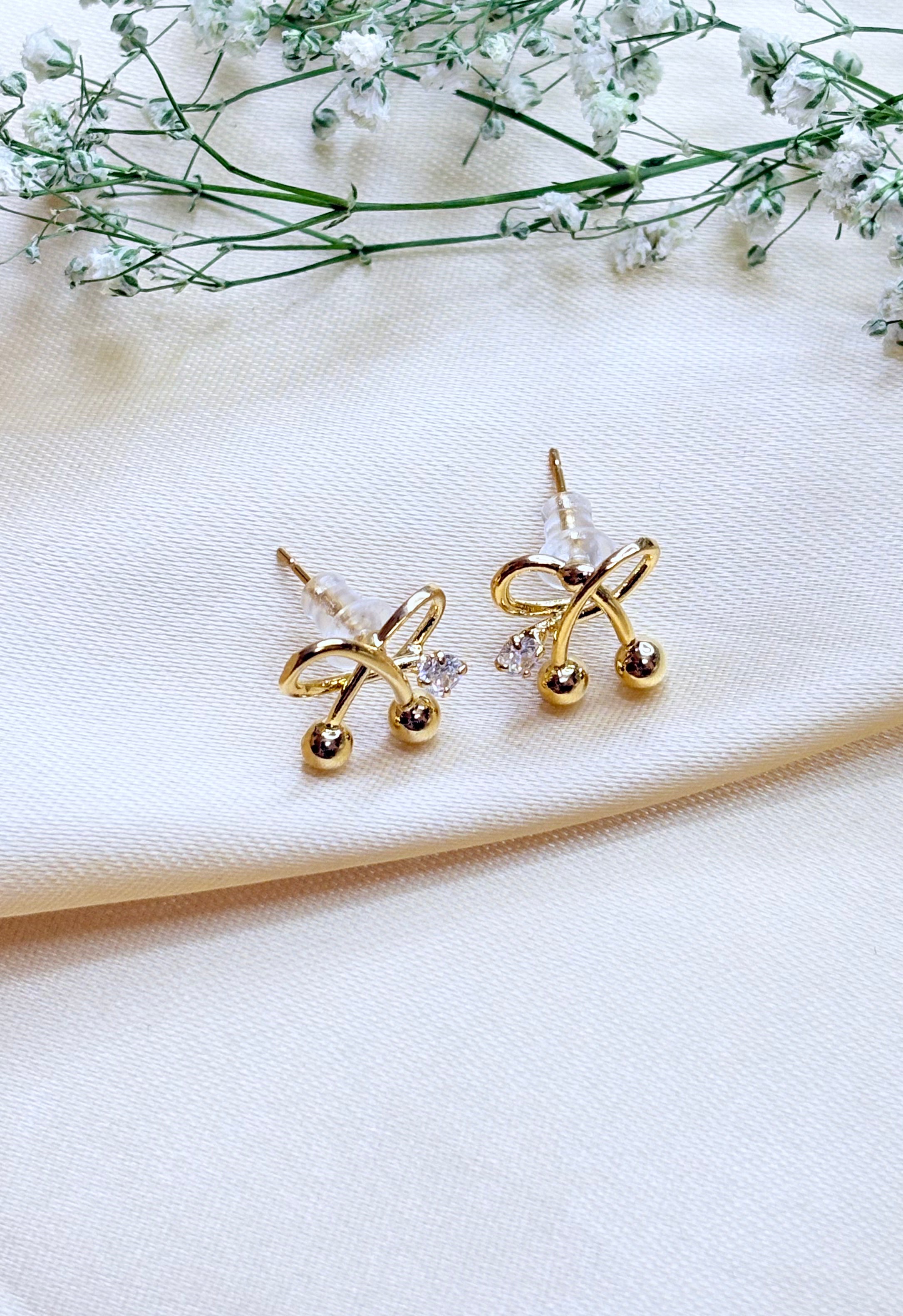 Golden Bow Cherry Drop Earrings
