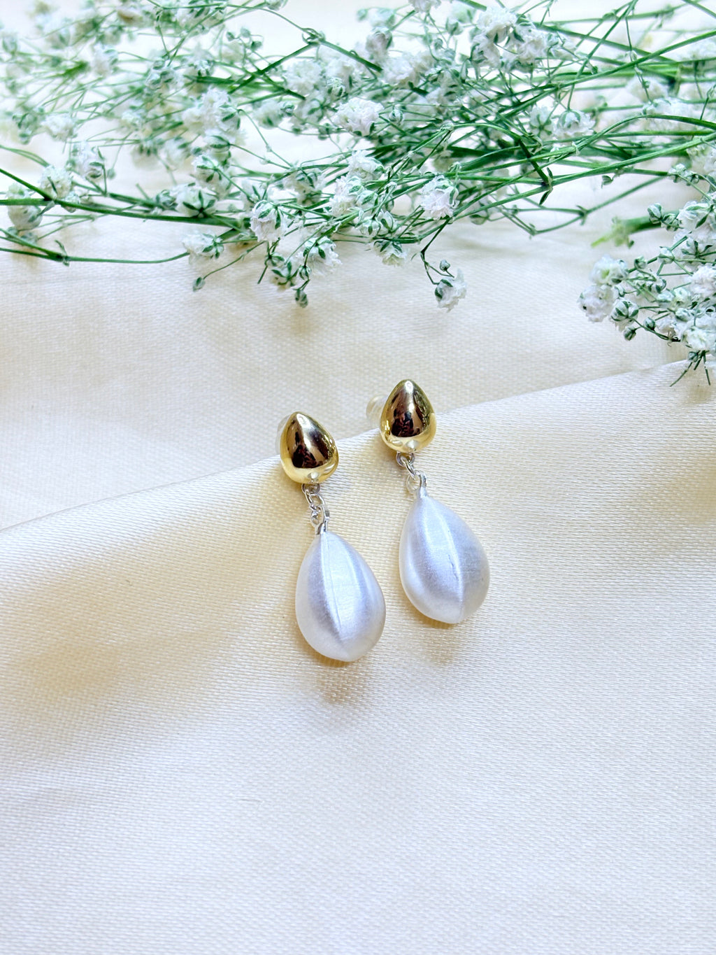 White Pearl Gold Drop Earrings