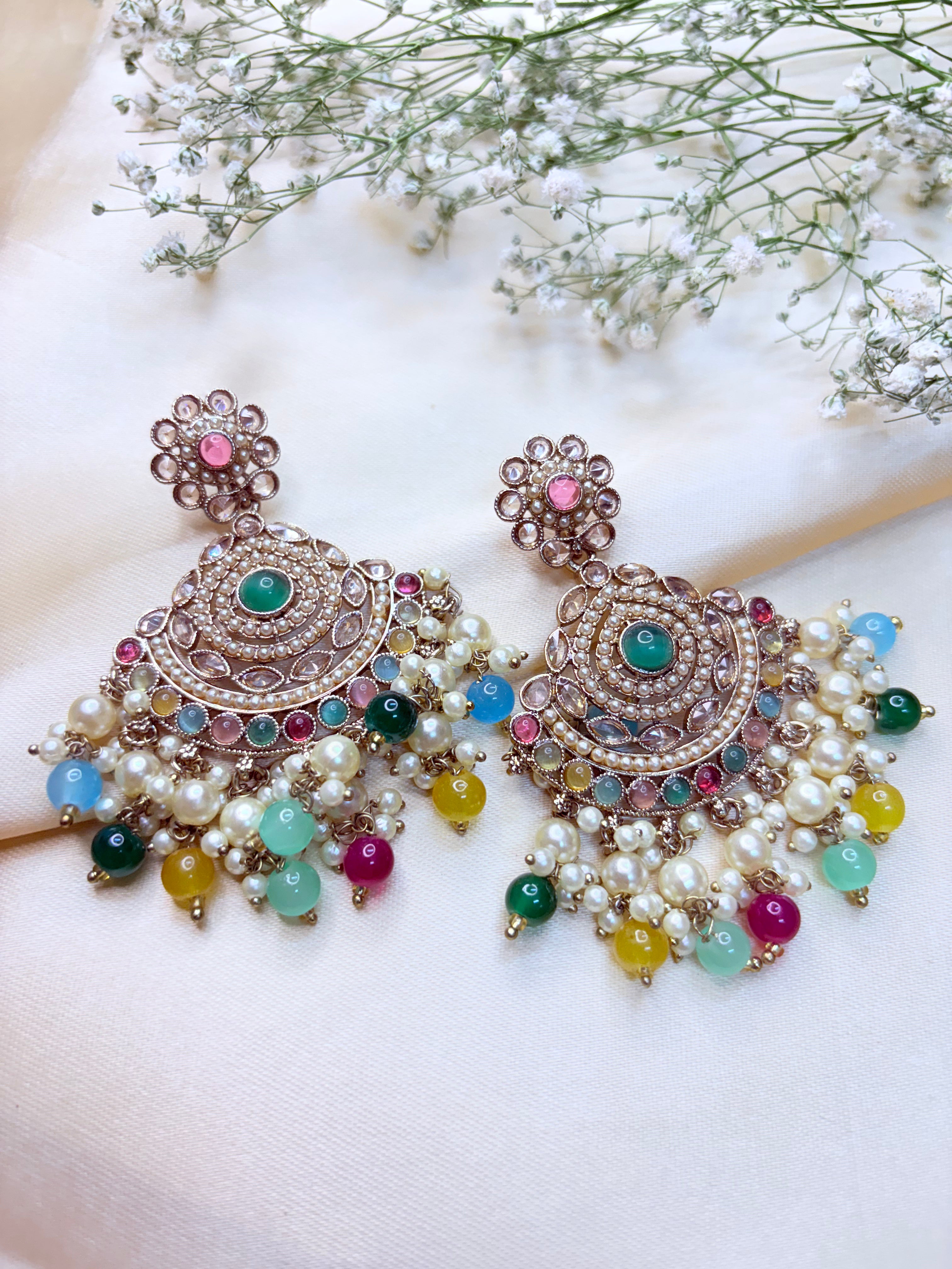 Ethnic Bridal Pearl & Multicolor Stone Chandbali Earrings