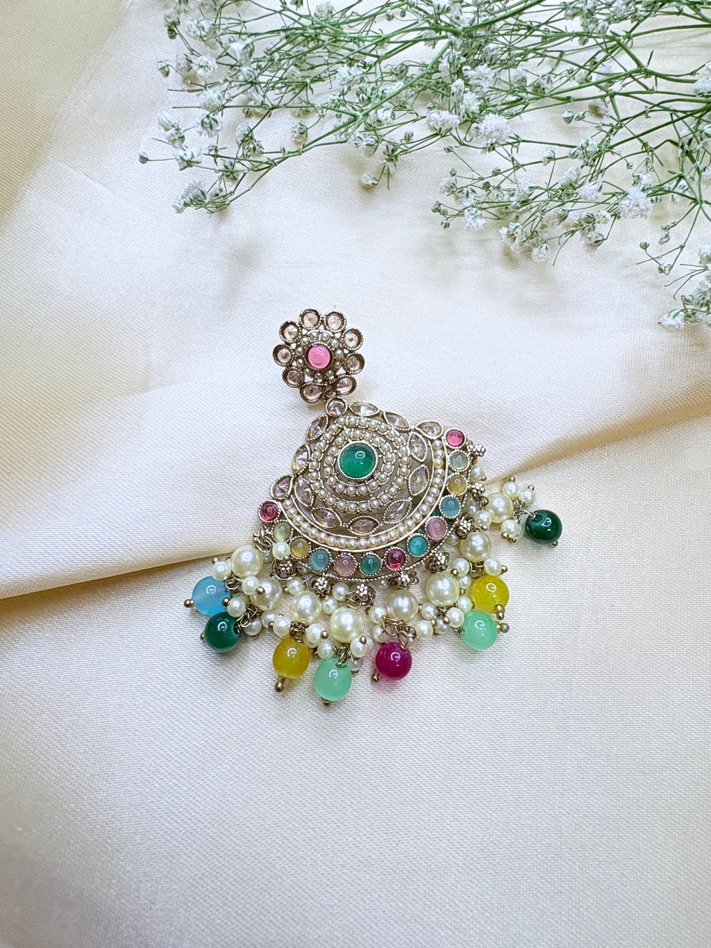 Ethnic Bridal Pearl & Multicolor Stone Chandbali Earrings