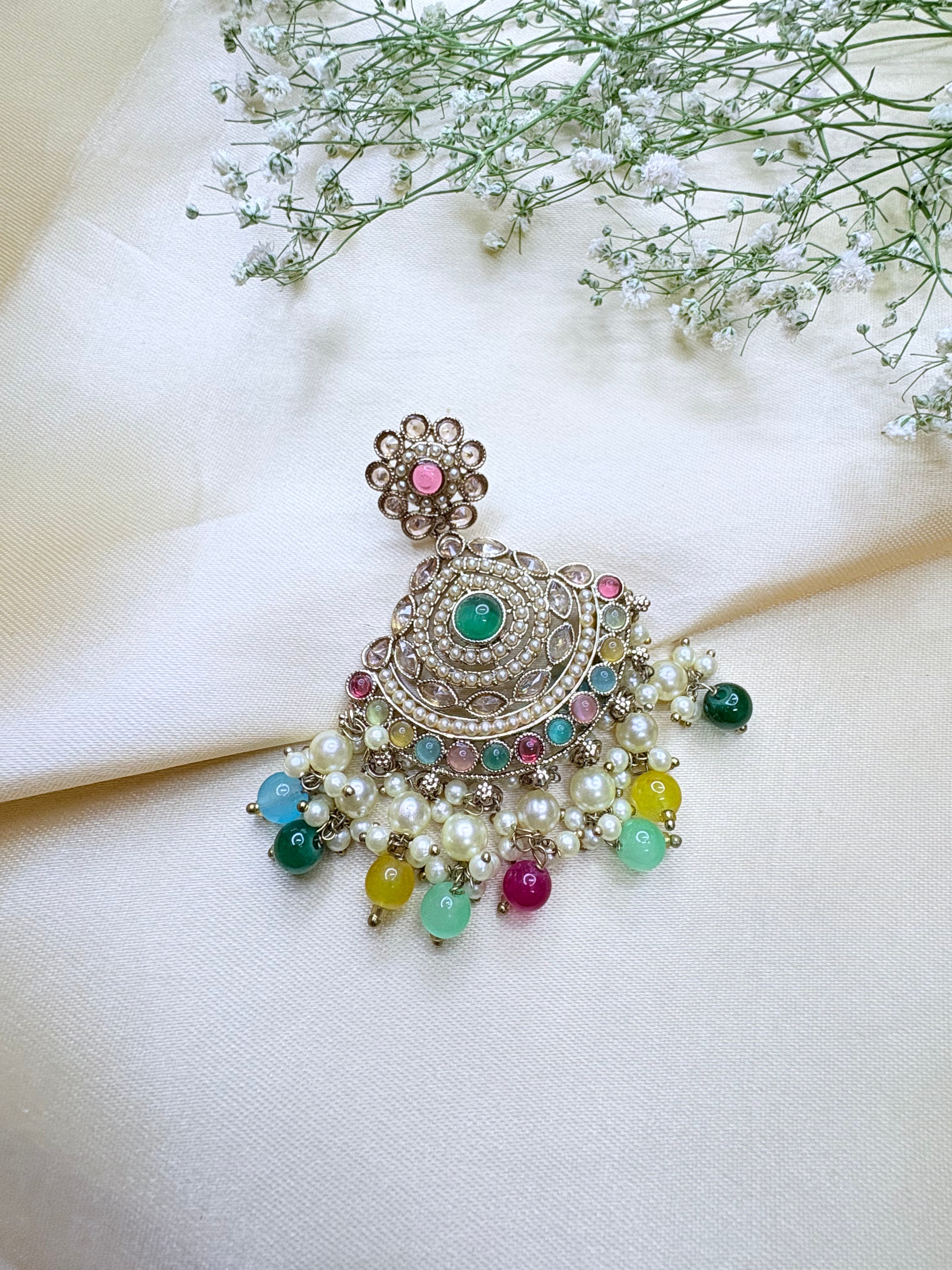 Ethnic Bridal Pearl & Multicolor Stone Chandbali Earrings