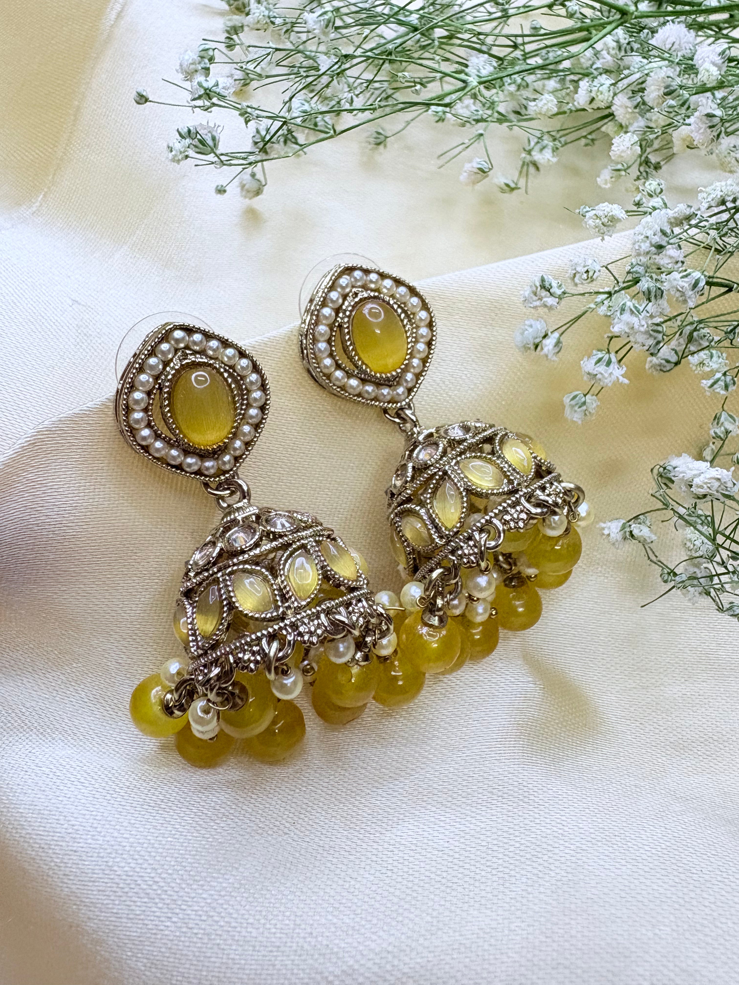 Pearl Beaded Jhumka Earrings – Green & Yellow Stone Chandbali Design