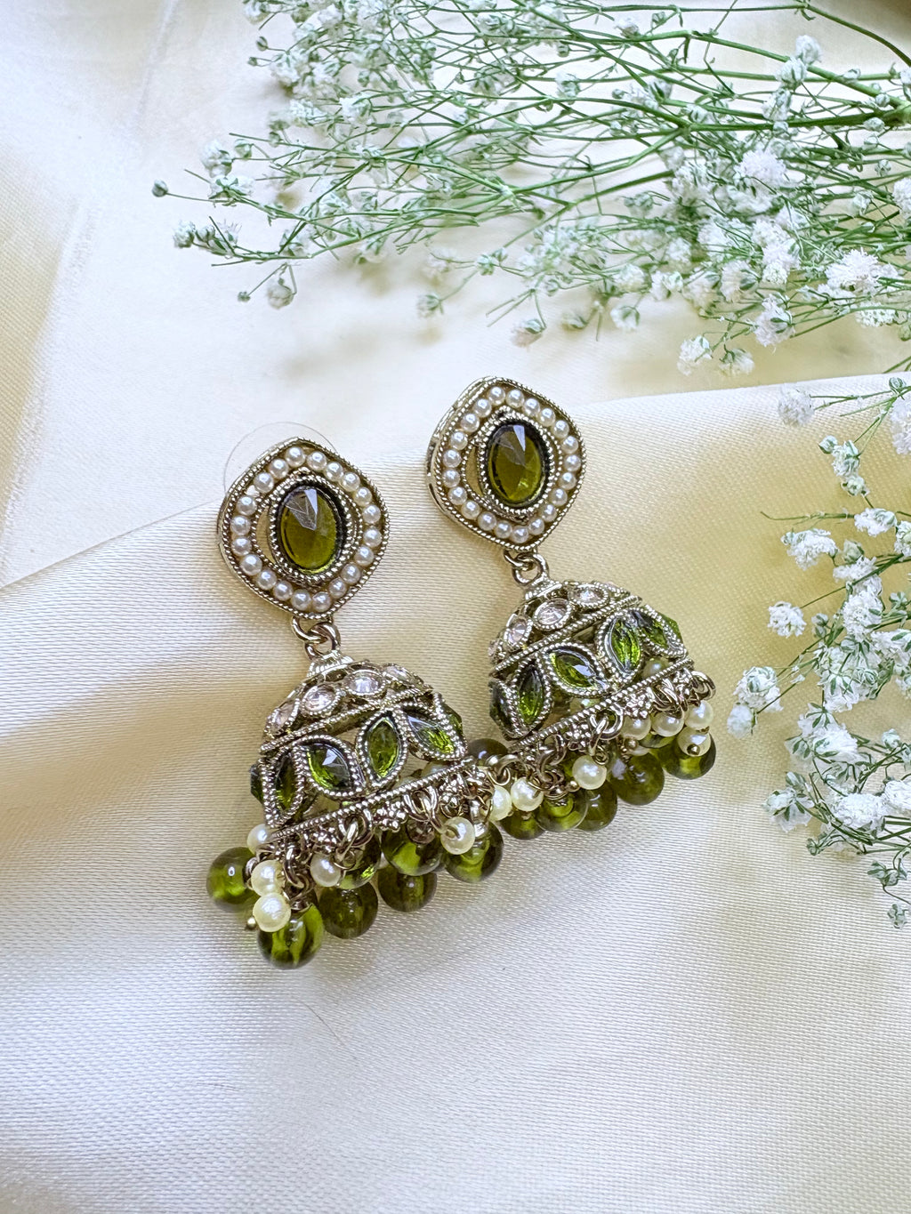 Pearl Beaded Jhumka Earrings – Green & Yellow Stone Chandbali Design