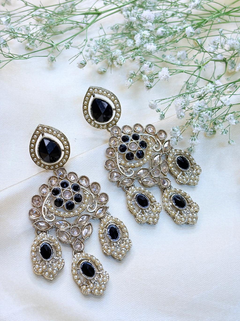 Pastel Shade and Black Stone Kundan Chandbali Earrings