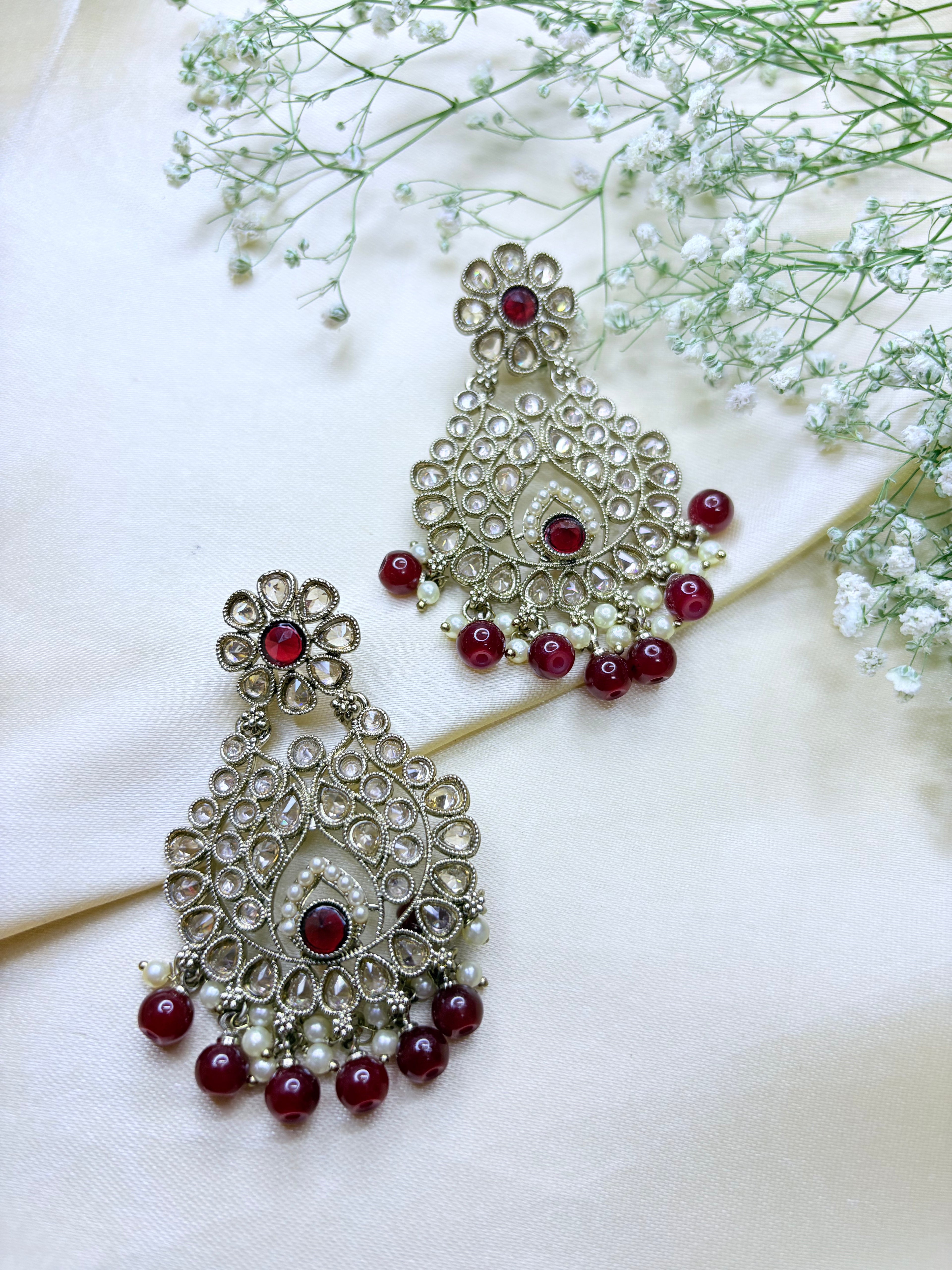 Kundan Floral Chandbali Earrings with Beads – Pink & Red Stone Dangle Earrings